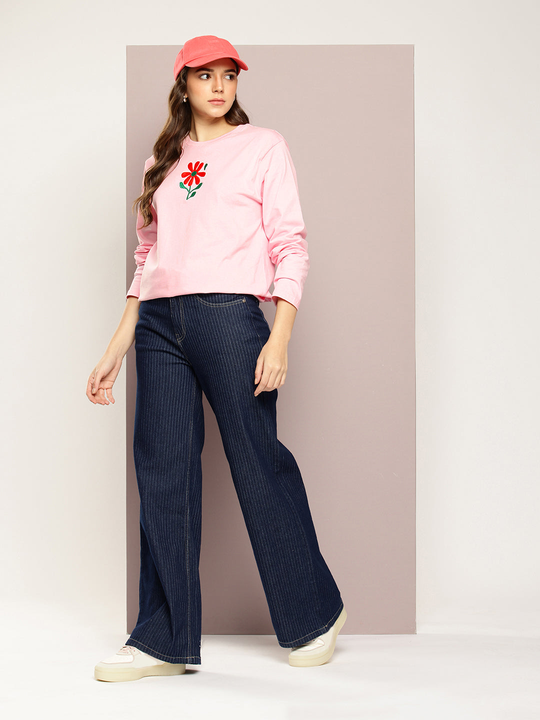 Womens Full Sleeve Round Neck Printed Oversized Fit Tshirts