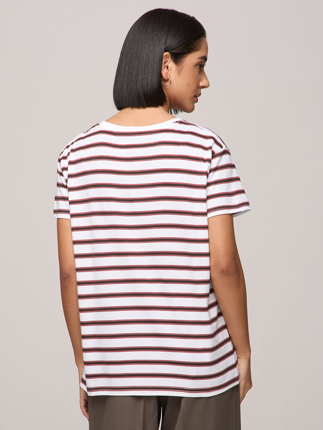 Womens Striped Boxy Regular Fit Cotton T-Shirt
