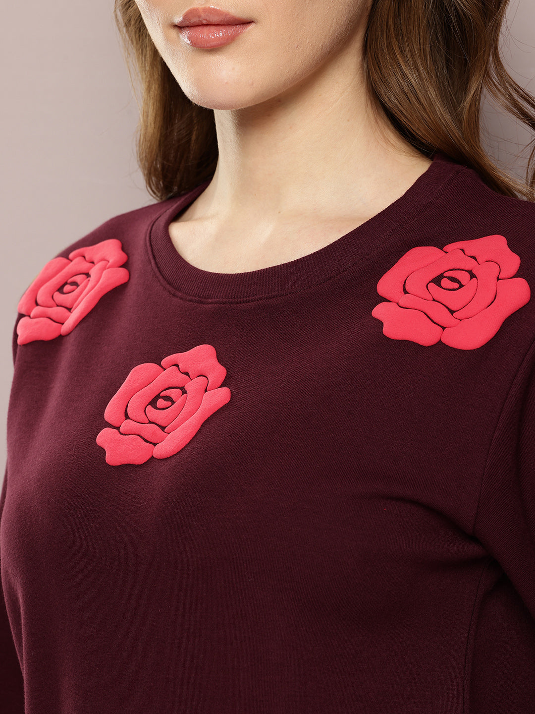 Womens Full Sleeve Round Neck Embellished Relaxed Fit Tshirts