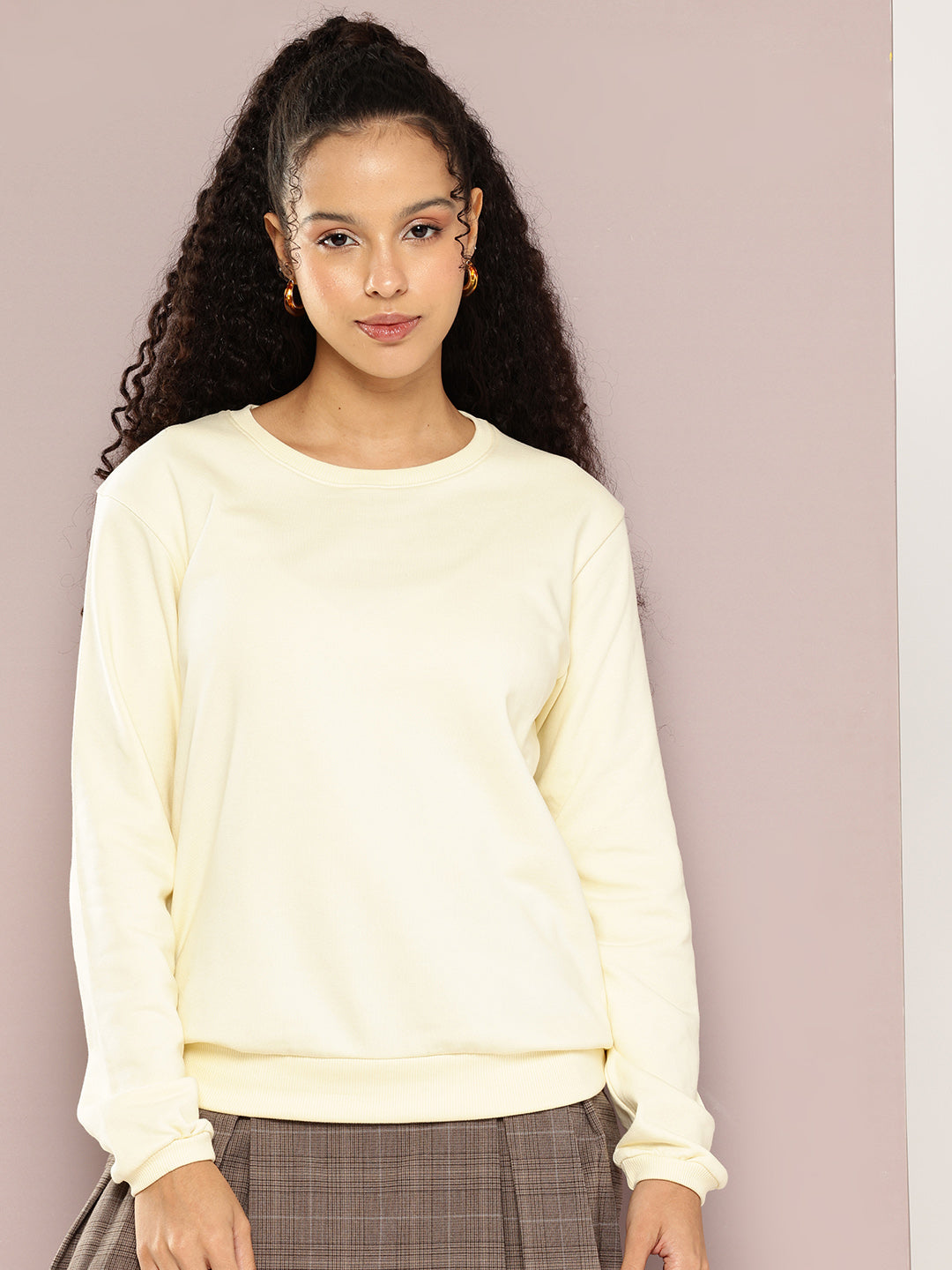 Womens Full Sleeve Round Neck Solid Relaxed Fit Tshirts