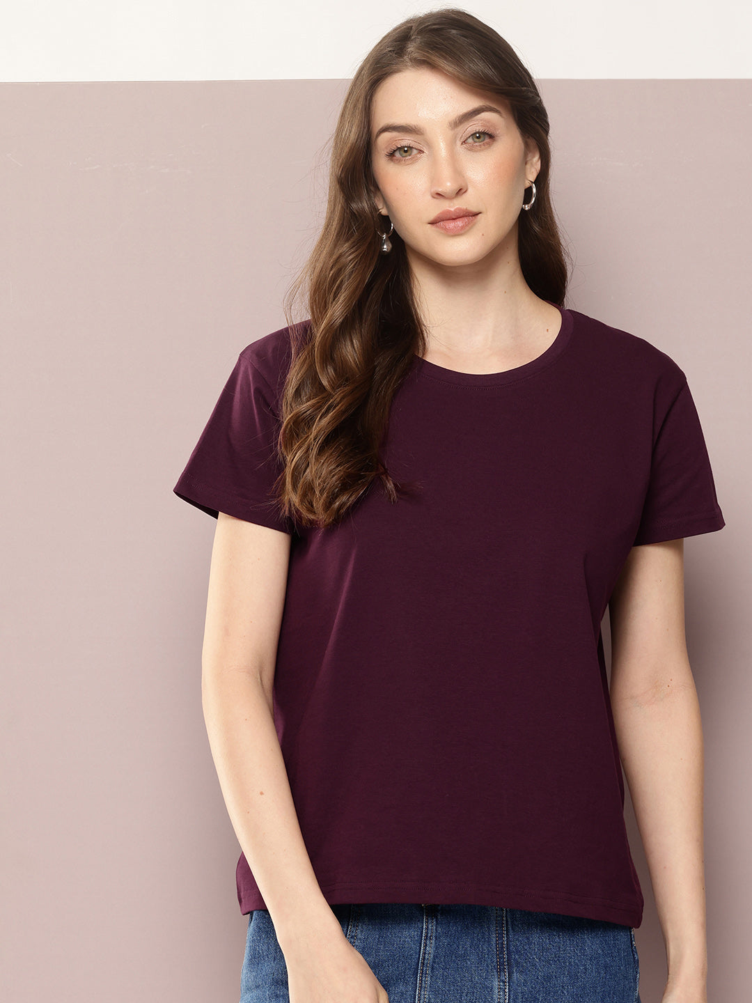 Womens Half Sleeve Round Neck Solid Boxy Fit Tshirts