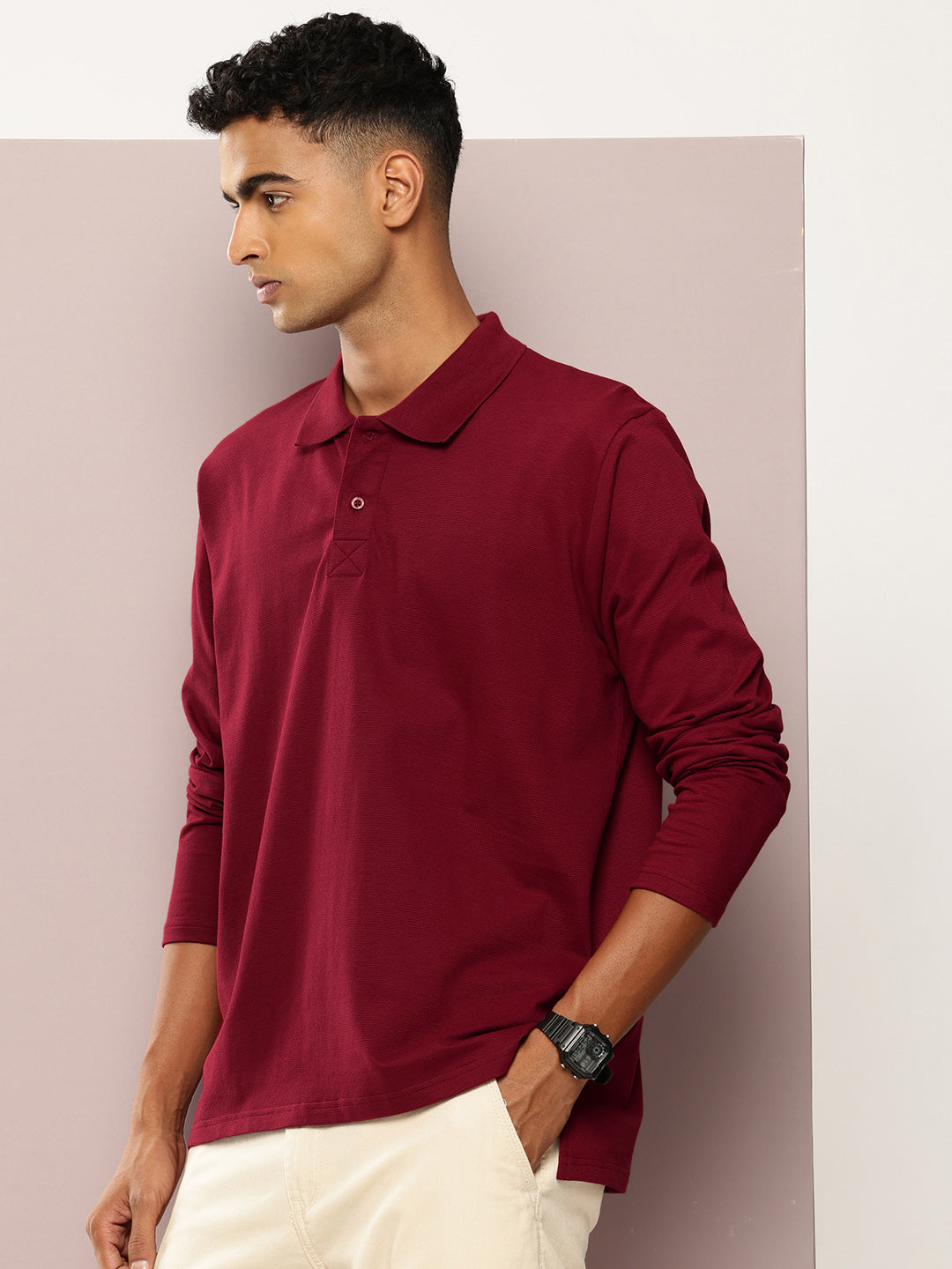 Mens Full Sleeve Polo Neck Solid Oversized Fit Tshirts