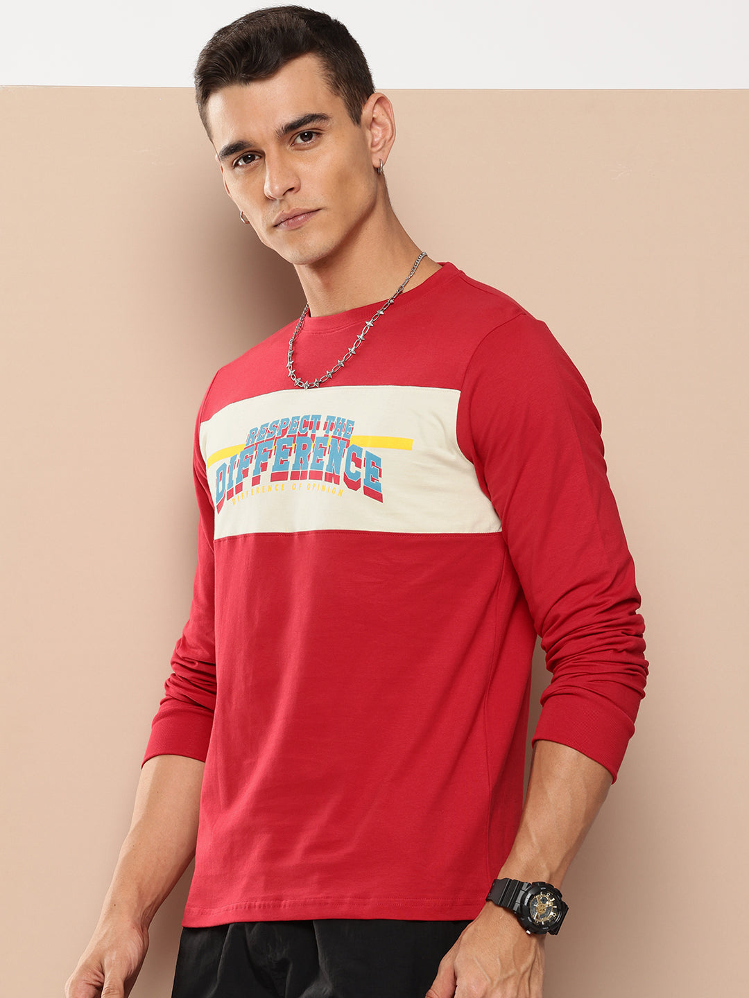 Mens Full Sleeve Round Neck Colourblocked Regular Fit Tshirts