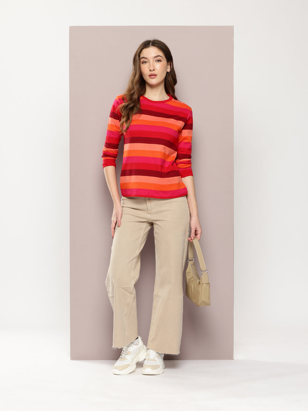 Womens Full Sleeve Round Neck Striped Regular Fit Tshirts