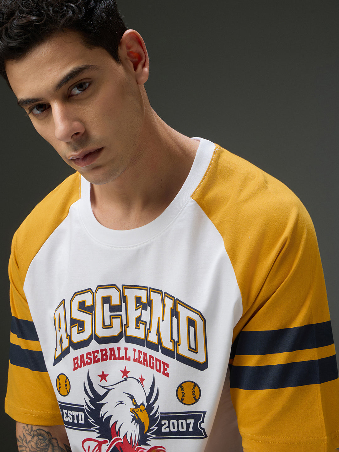 Mens Round Neck Raglan Sleeve Printed Oversized Fit Tshirt