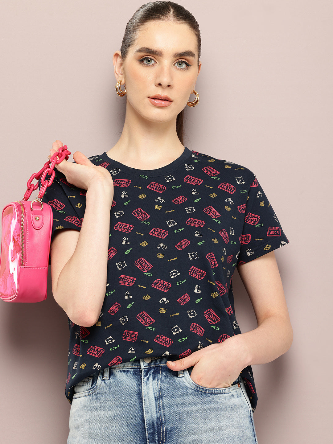 Womens Half Sleeve Round Neck All-Over Printed Boxy Fit Tshirts