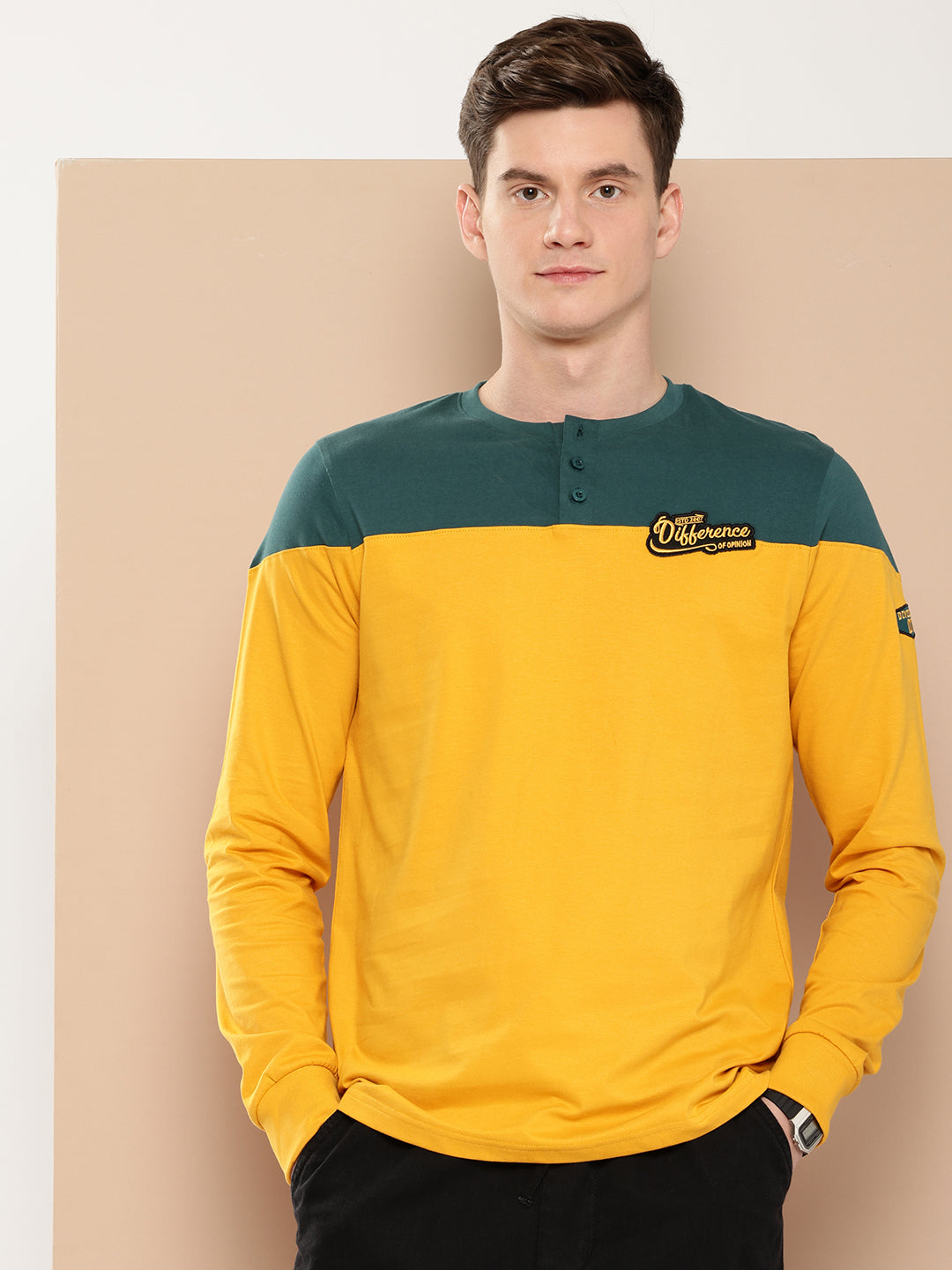 Mens Full Sleeve Henley Neck Colourblocked Regular Fit Tshirts