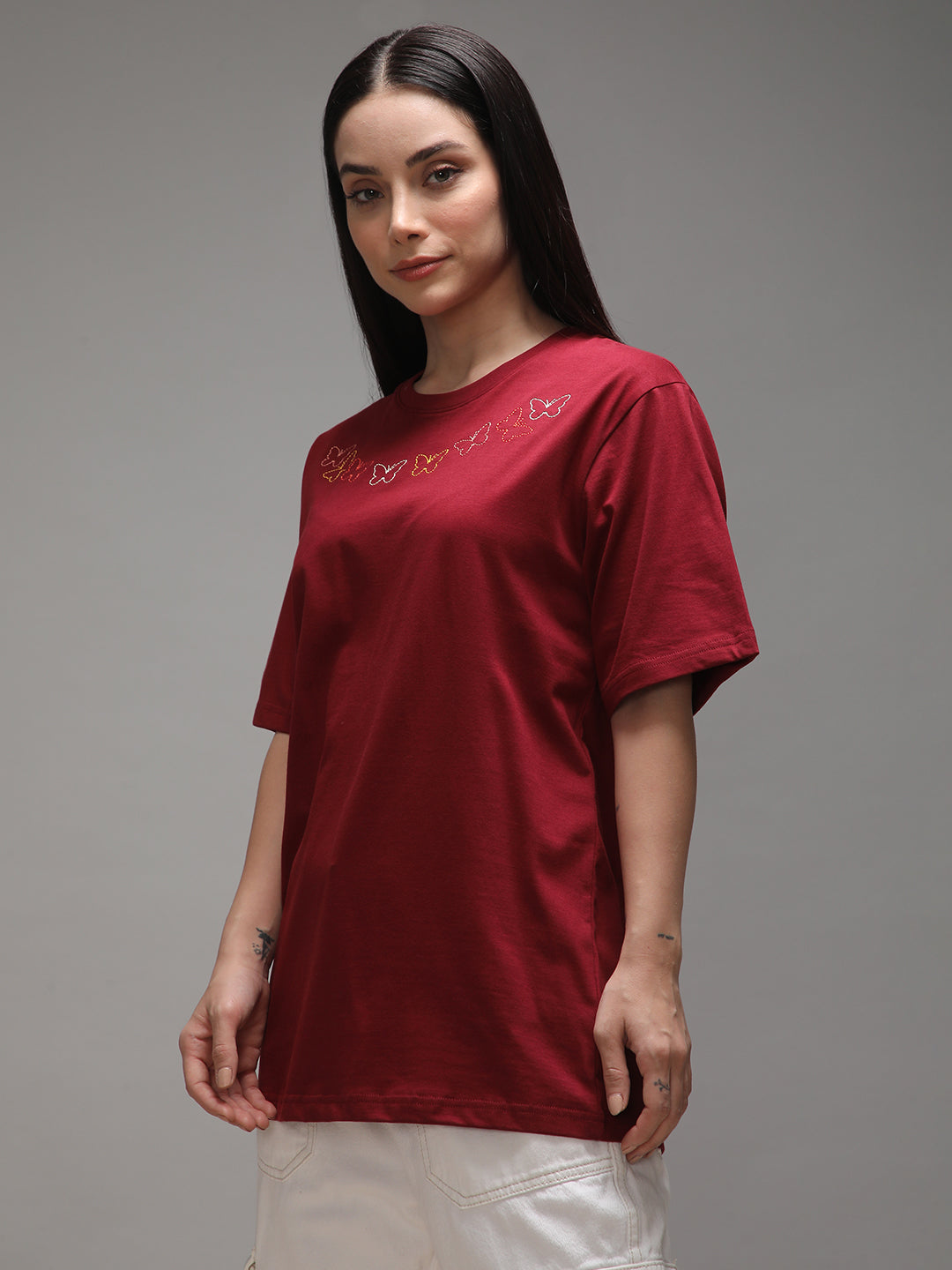 Womens Half Sleeve Round Neck Embroidery Oversized Fit Tshirts