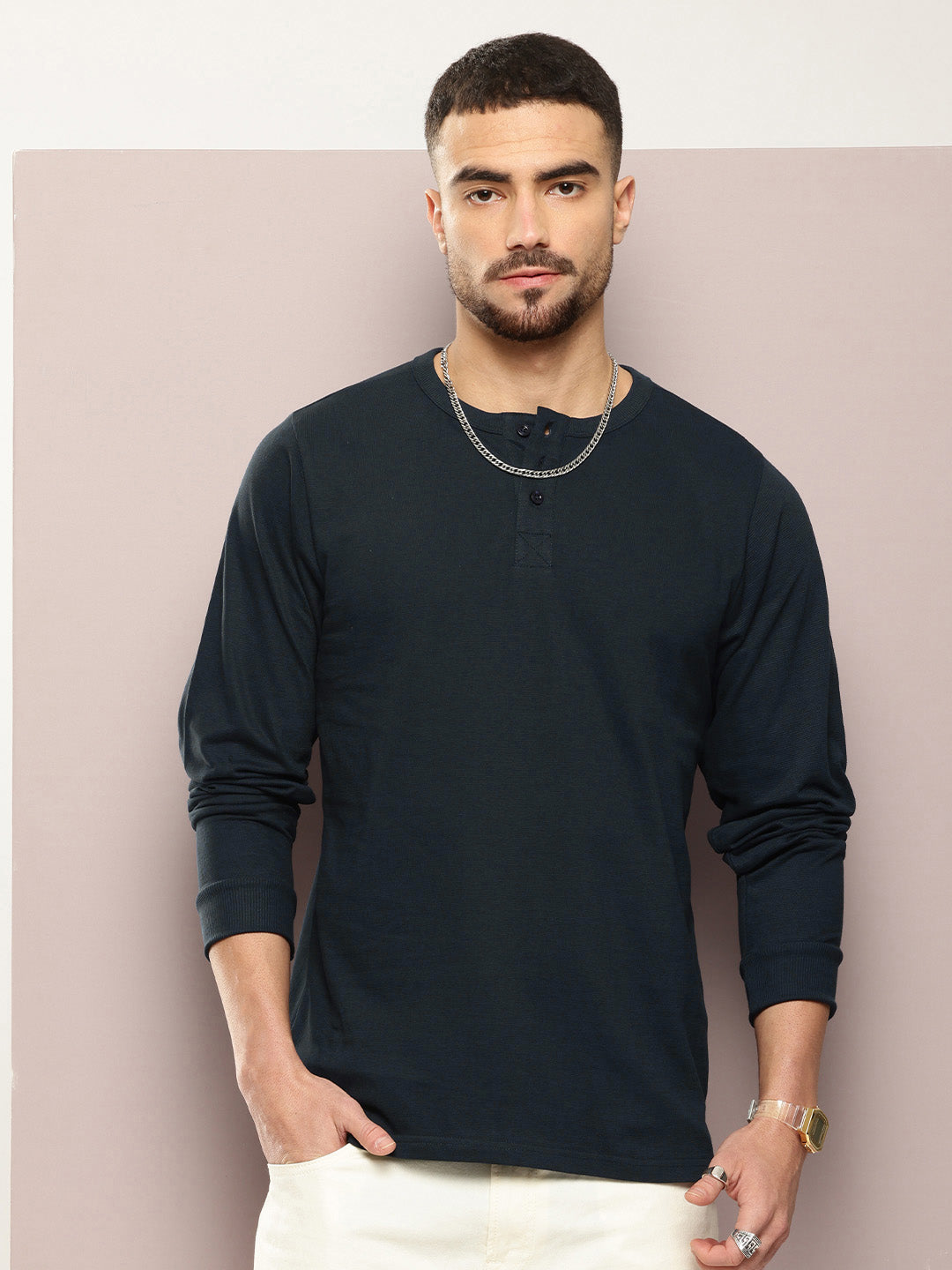 Mens Full Sleeve Henley Neck Solid Regular Fit Tshirts
