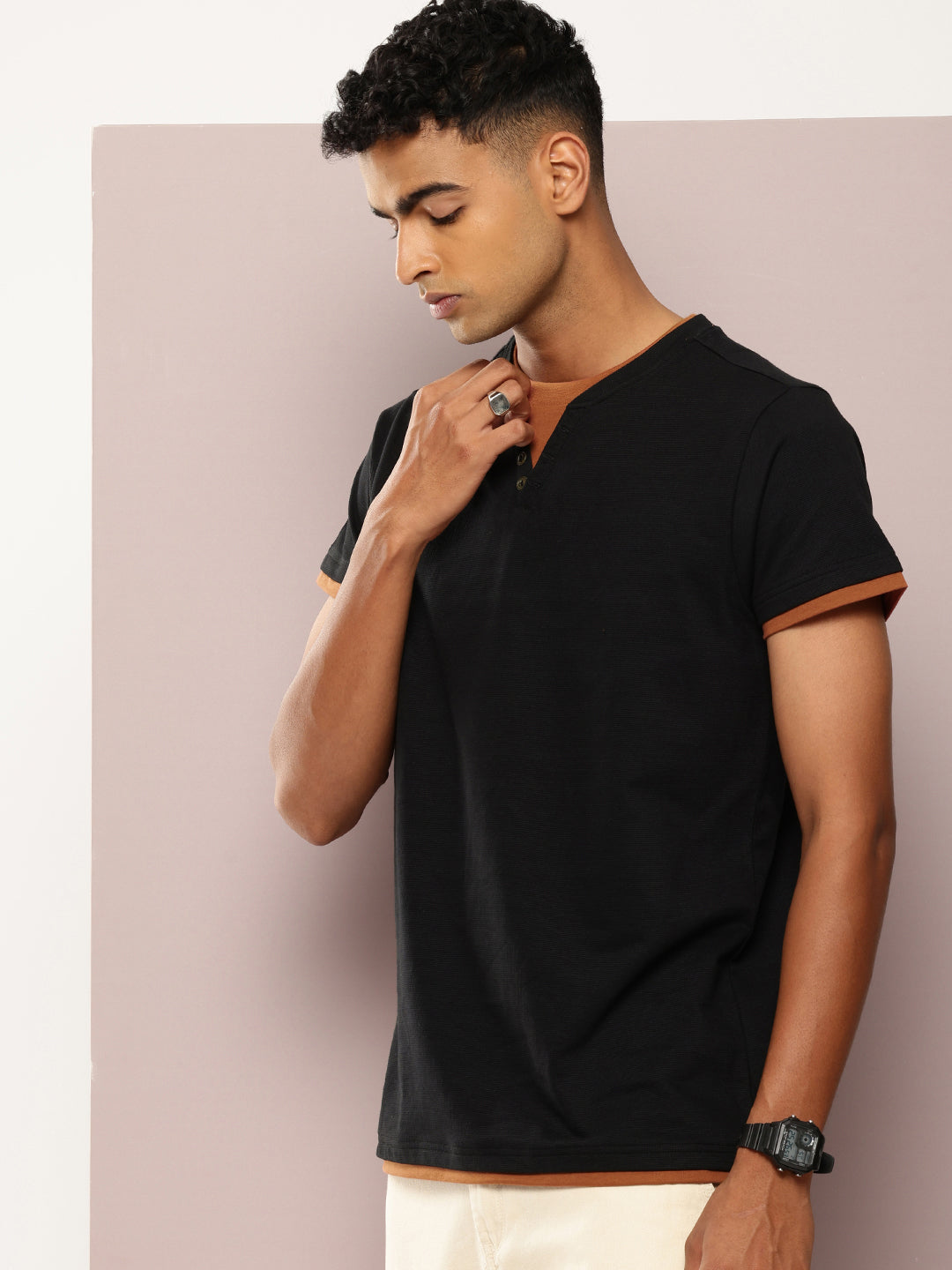 Mens Half Sleeve V-Neck Solid Regular Fit Tshirts
