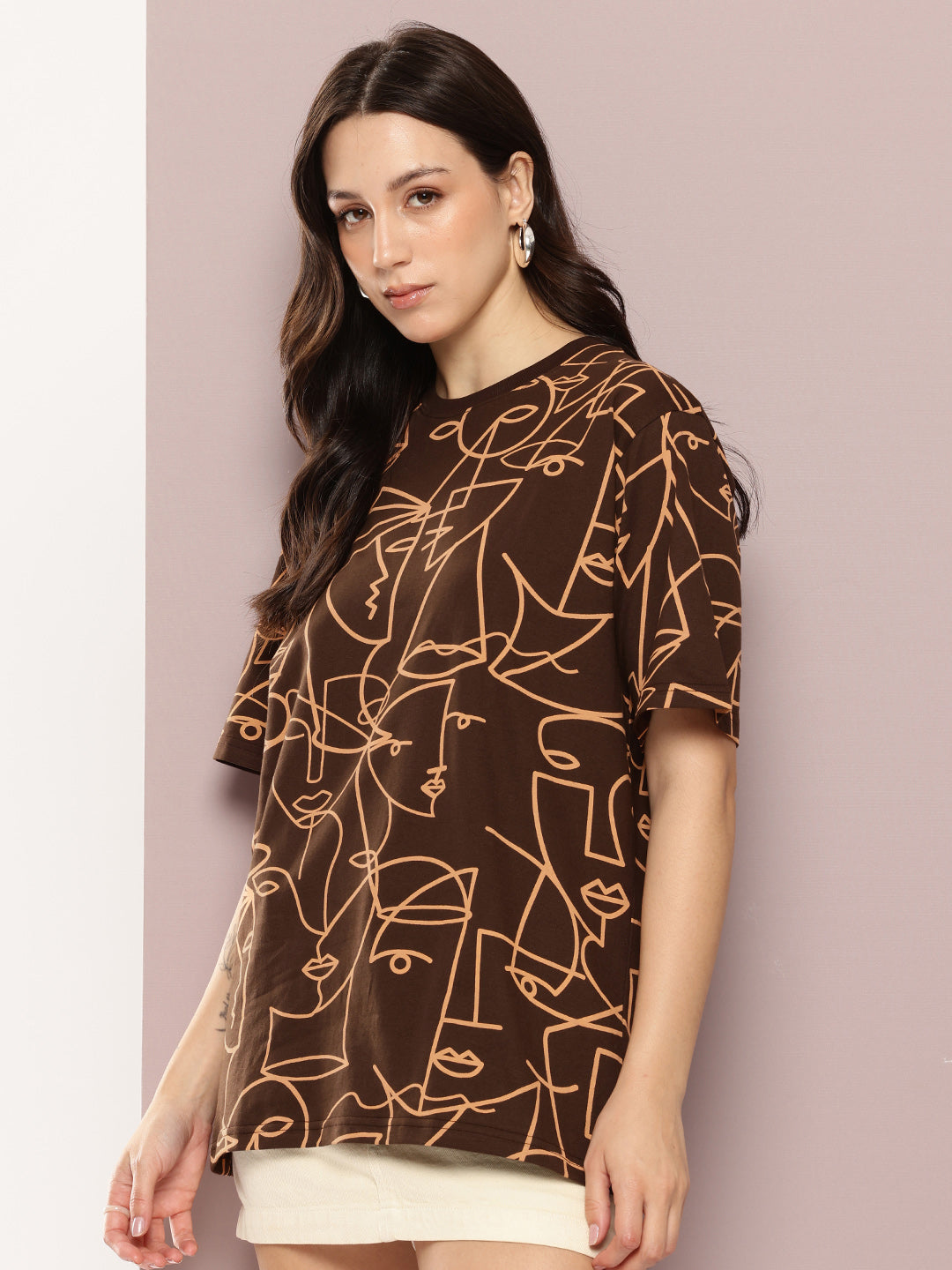 Womens Half Sleeve Round Neck All-Over Printed Oversized Fit Tshirts