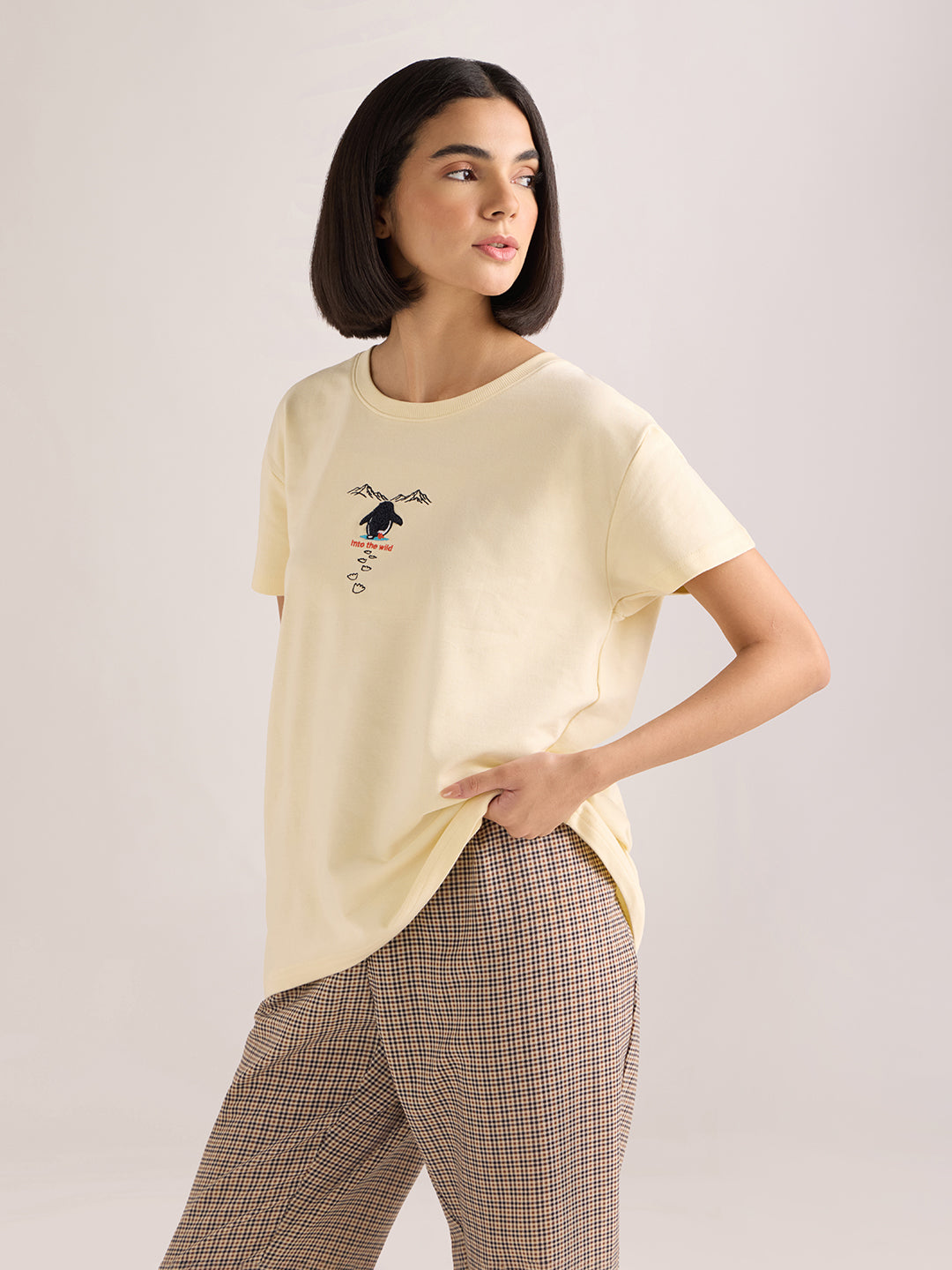 Womens Embroidery Boxy Regular Fit French Terry Cotton Tshirt