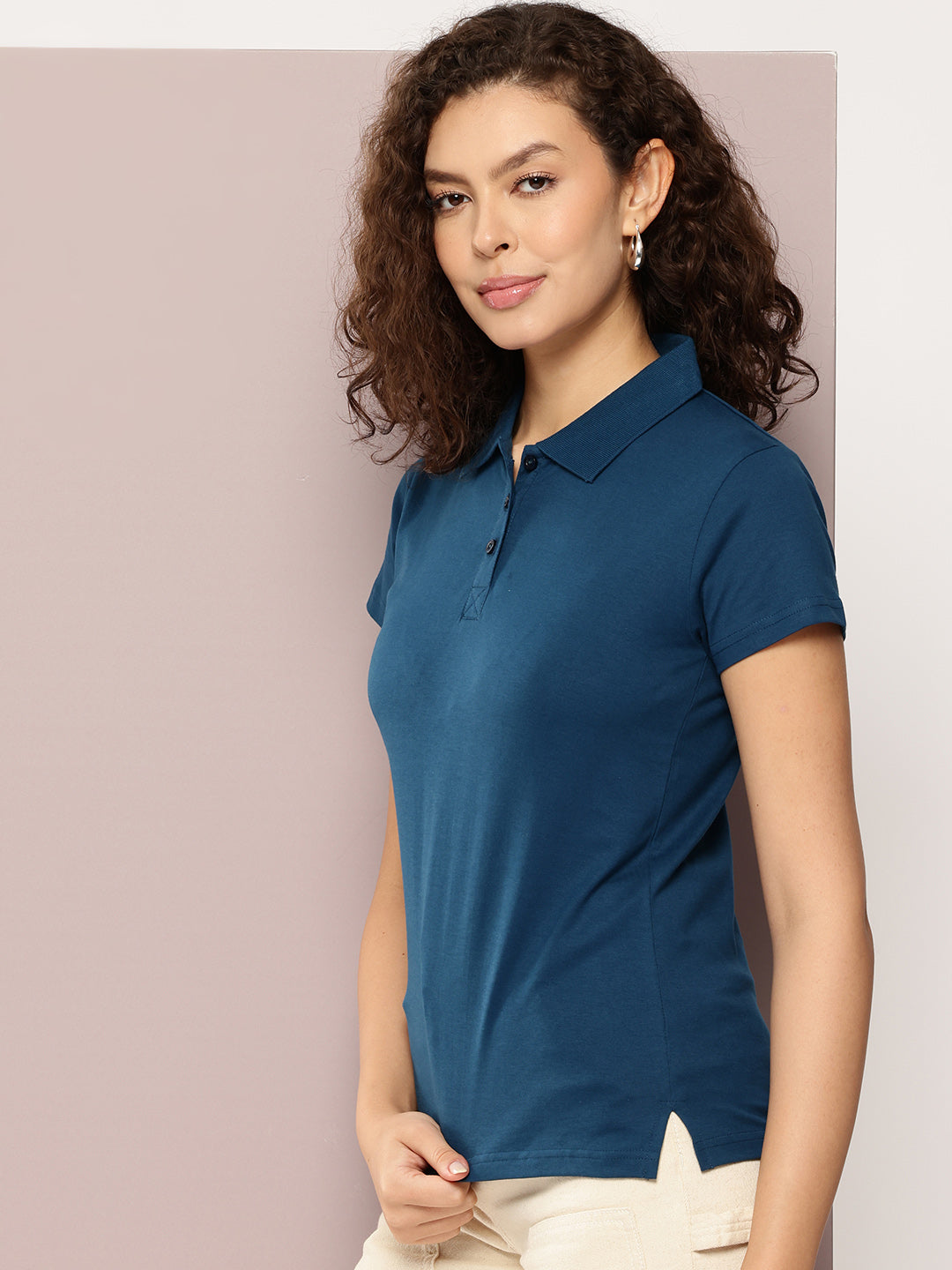 Womens Half Sleeve Polo Neck Solid Regular Fit Tshirts