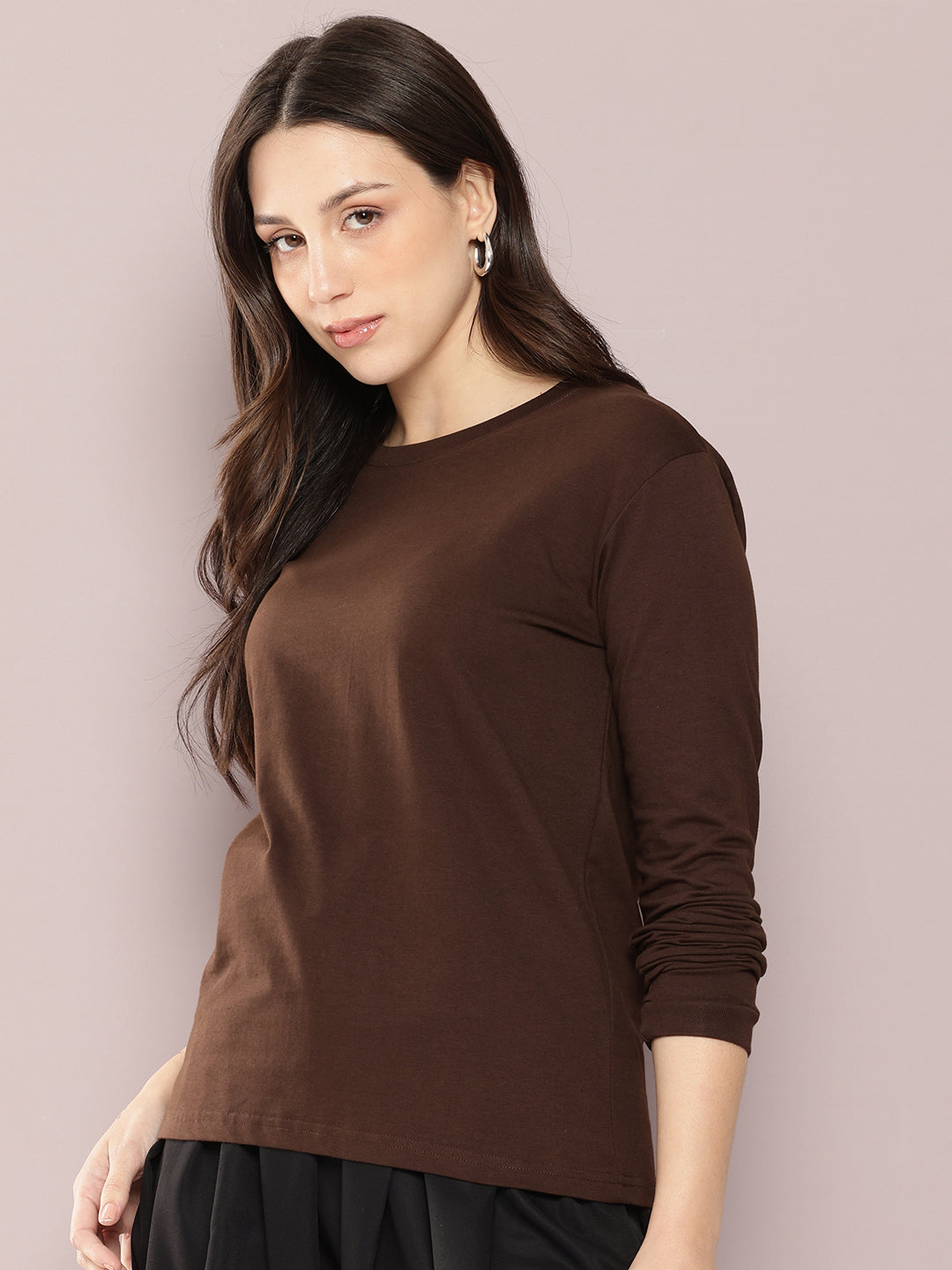 Womens Full Sleeve Round Neck Solid Regular Fit Tshirts