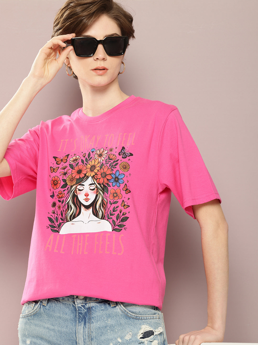 Womens Half Sleeve Round Neck Printed Oversized Fit Tshirts