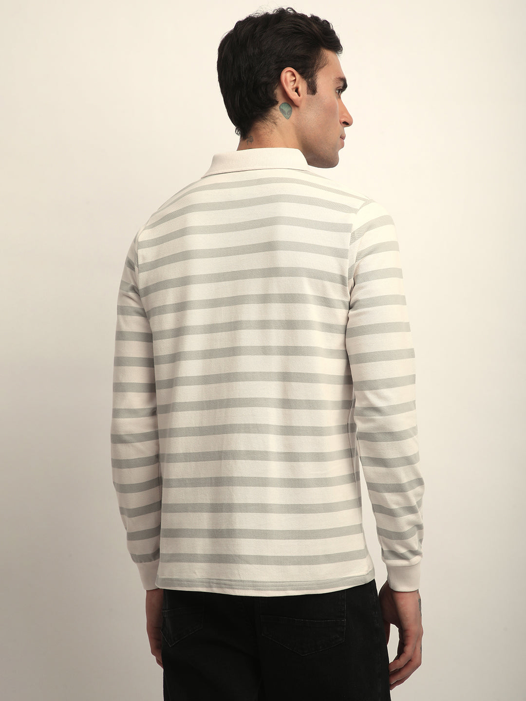 Mens Full Sleeve Polo Neck All-Over Striped Regular Fit Tshirts