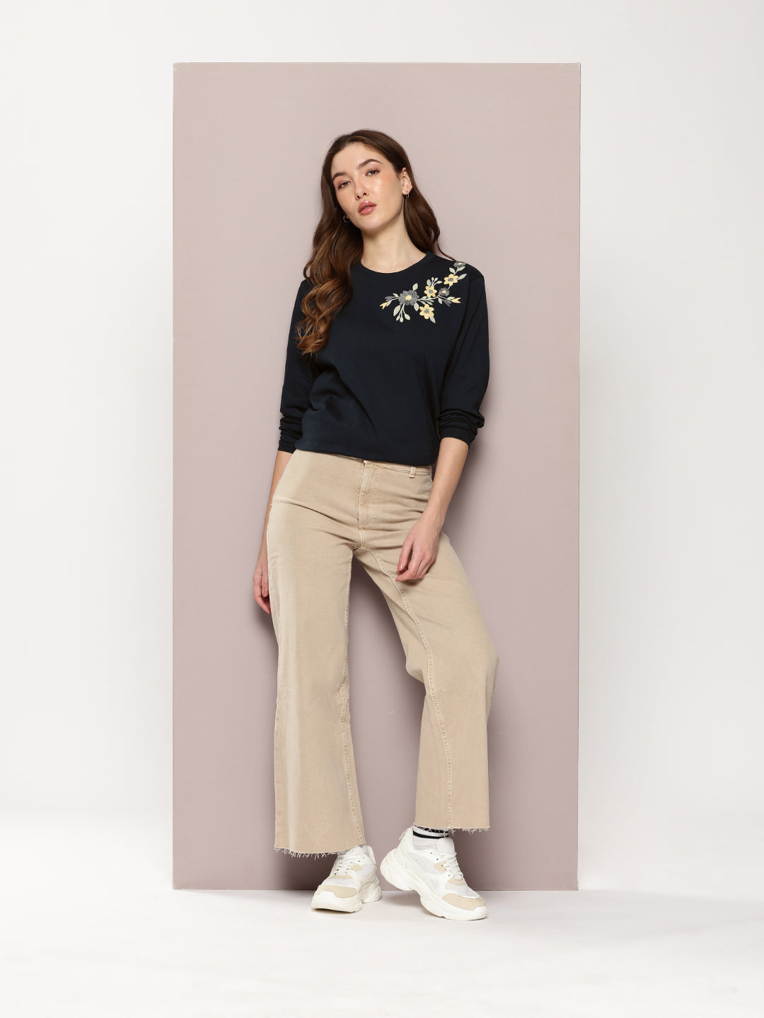 Womens Full Sleeve Round Neck Embroidered Oversized Fit Tshirts