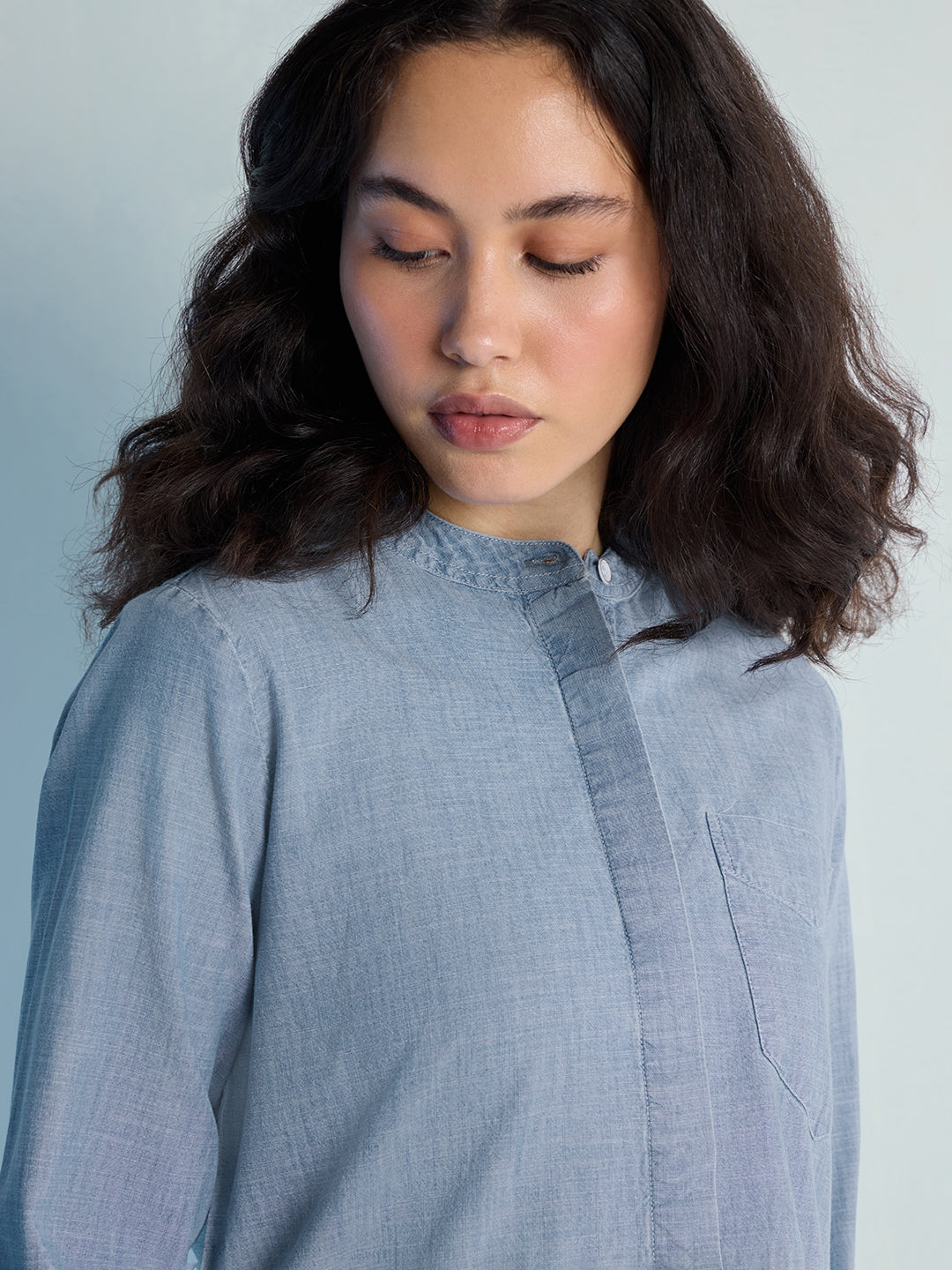 Womens Solid Oxy Bleached Boxy Regular Mandarin Collar Neck Denim Shirt