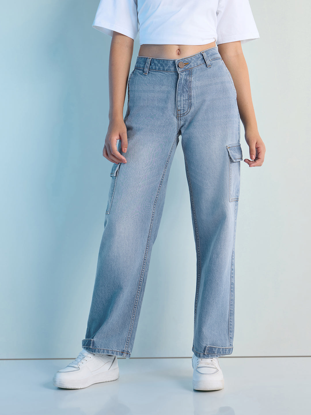 Womens Straight Fit Cargo Denim Jeans Pant