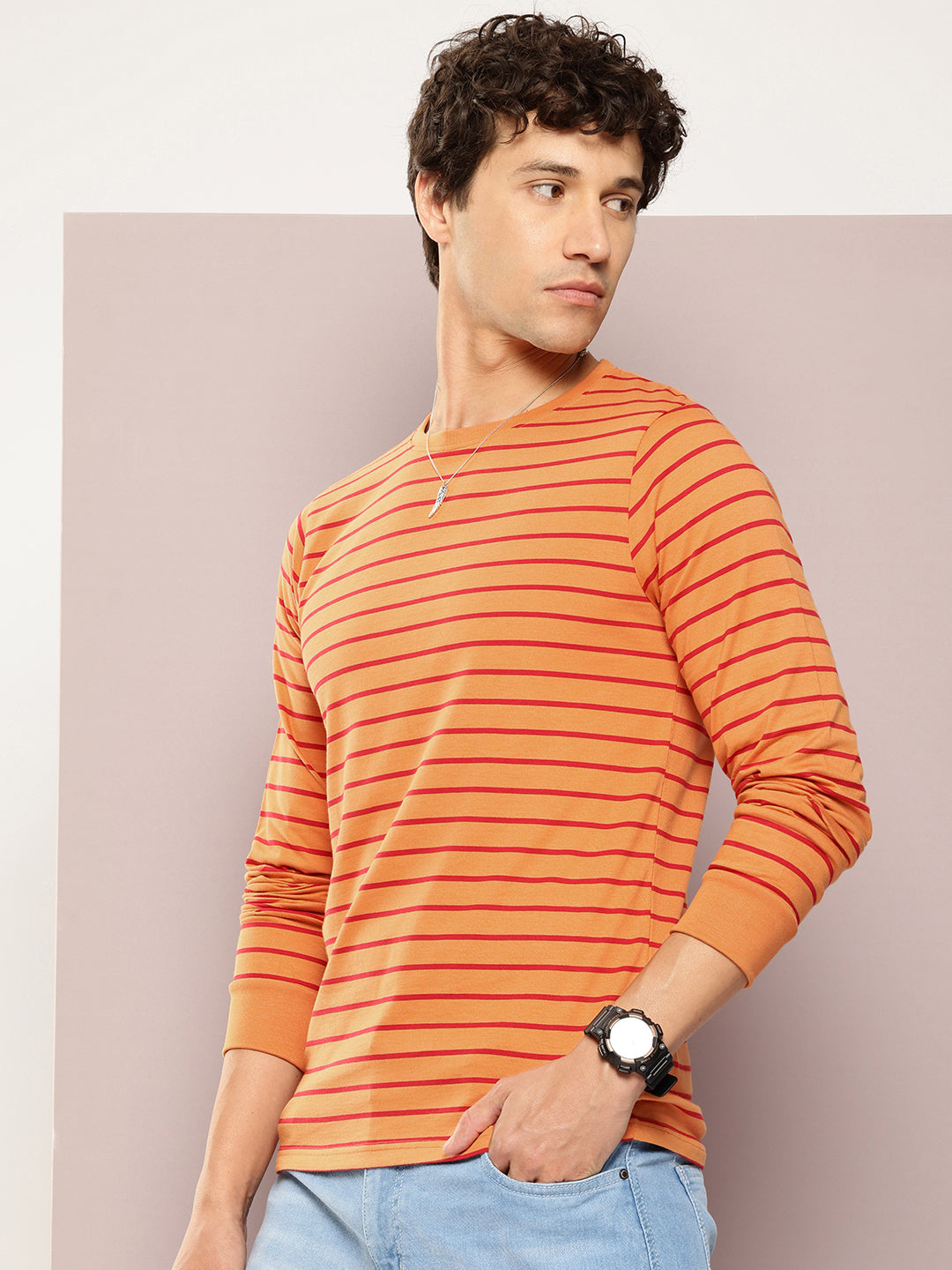 Mens Full Sleeve Round Neck All-Over Striped Regular Fit Tshirts