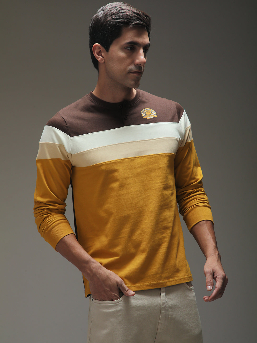 Mens Full Sleeve Henley Neck Printed Regular Fit Tshirts