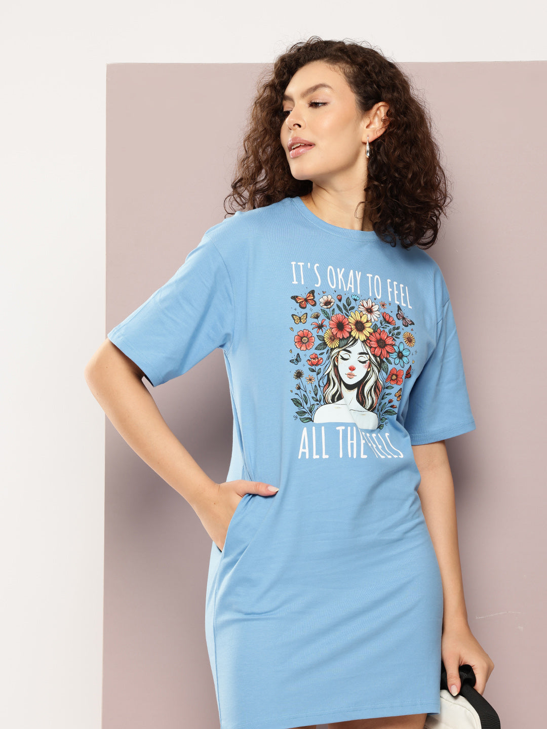 Womens Oversized Short Sleeves Printed Tshirt Dress