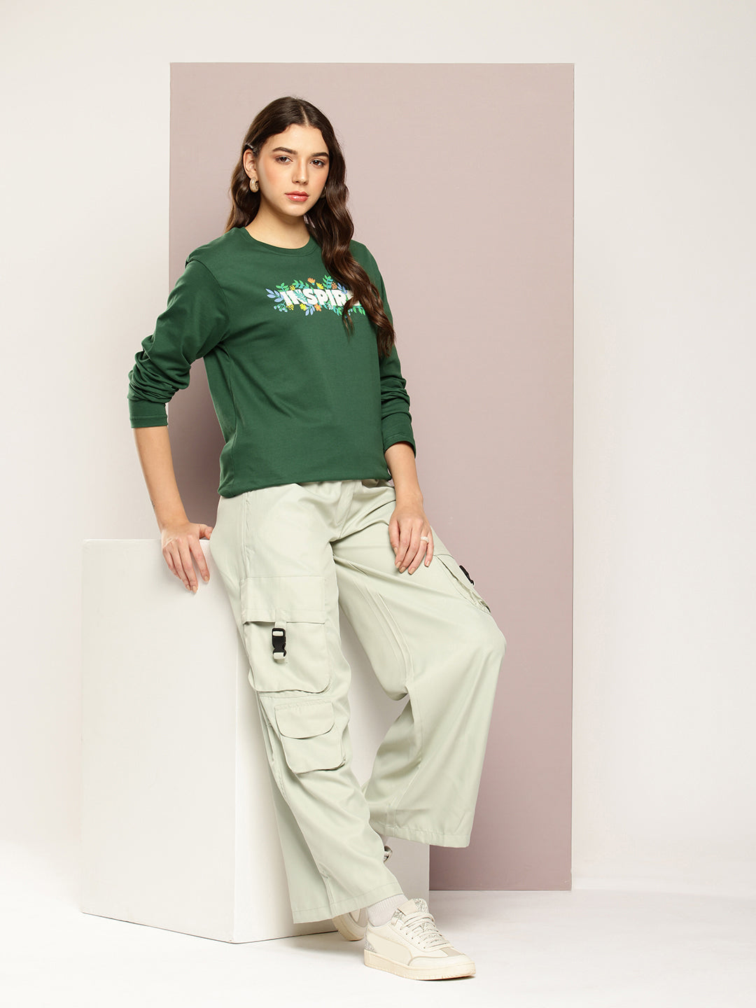Womens Full Sleeve Round Neck Printed Oversized Fit Tshirts