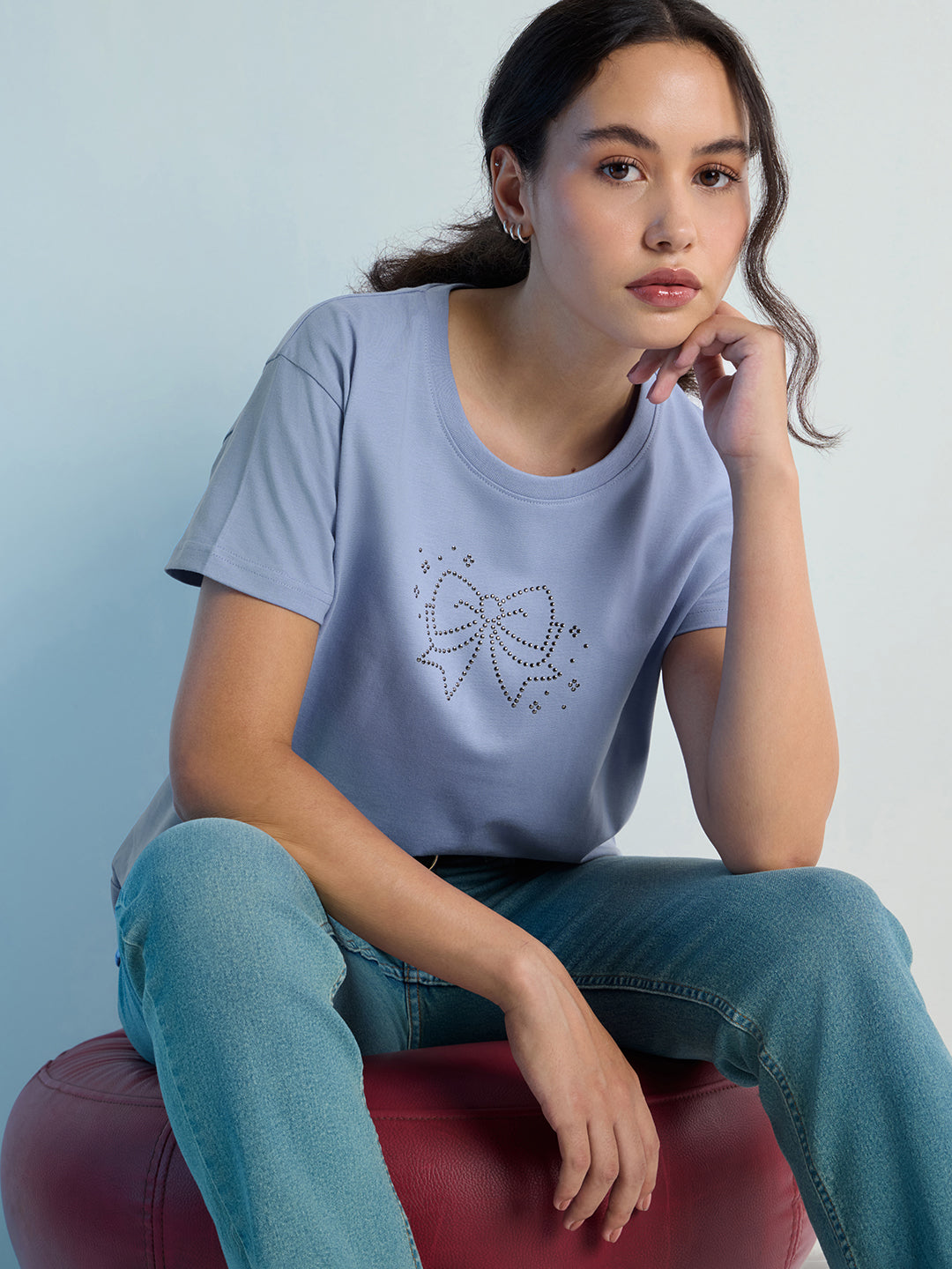Womens Stud Detailed Boxy Regular Round Neck Tshirt 