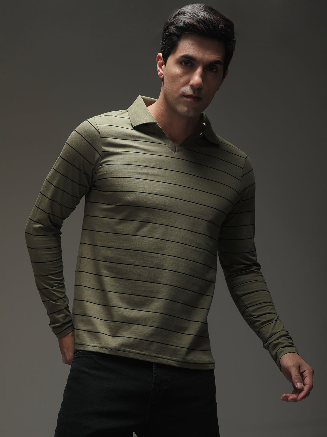 Mens Full Sleeve Polo Neck Striped Regular Fit Tshirts