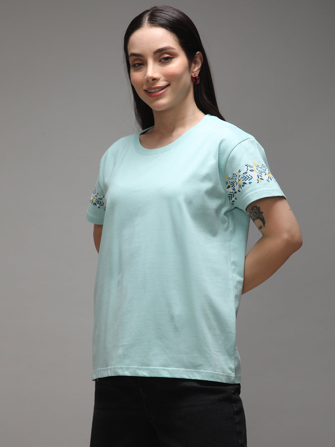 Womens Half Sleeve Round Neck Embroidery Boxy Fit Tshirts