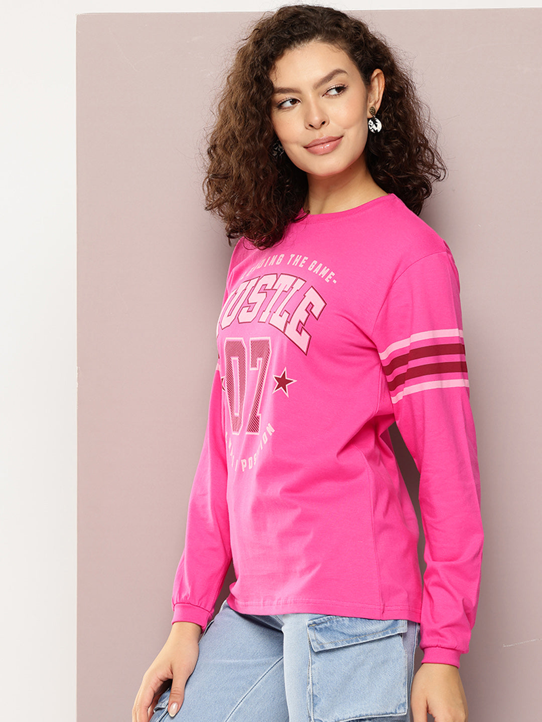 Womens Full Sleeve Round Neck Printed Oversized Fit Tshirts
