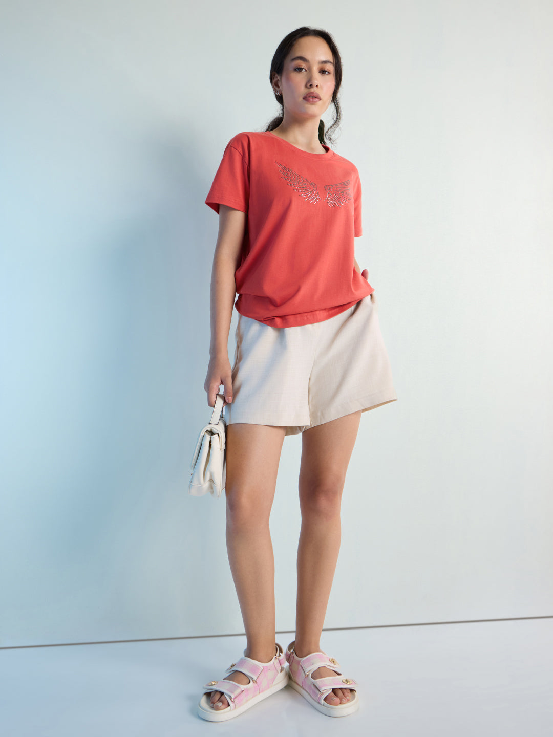 Womens Stud Detailed Boxy Regular Round Neck Tshirt 