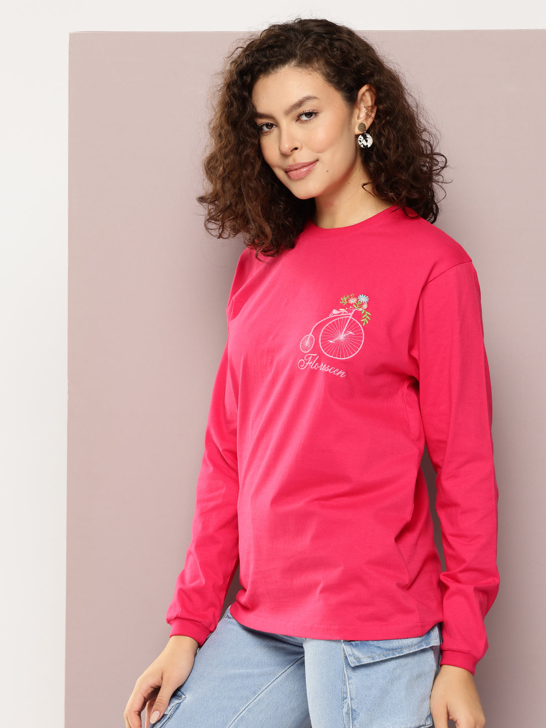 Womens Full Sleeve Round Neck Embroidered Oversized Fit Tshirts