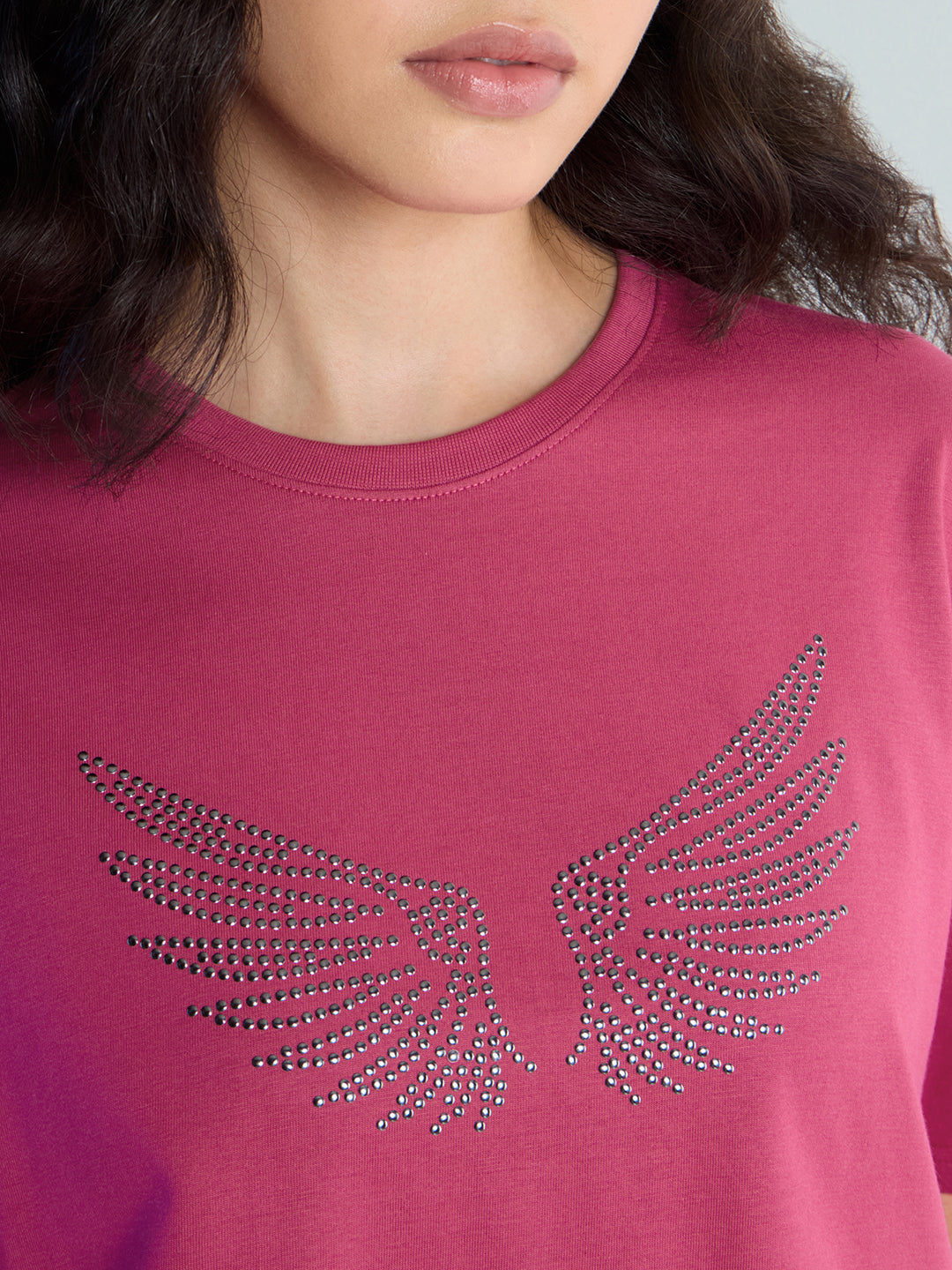 Womens Stud Detailed Oversized Round Neck Tshirt 