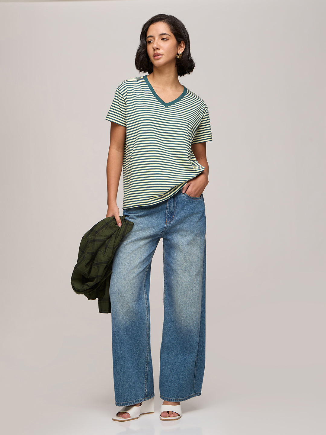 Womens Striped Boxy Regular Fit Cotton V-Neck T-Shirt