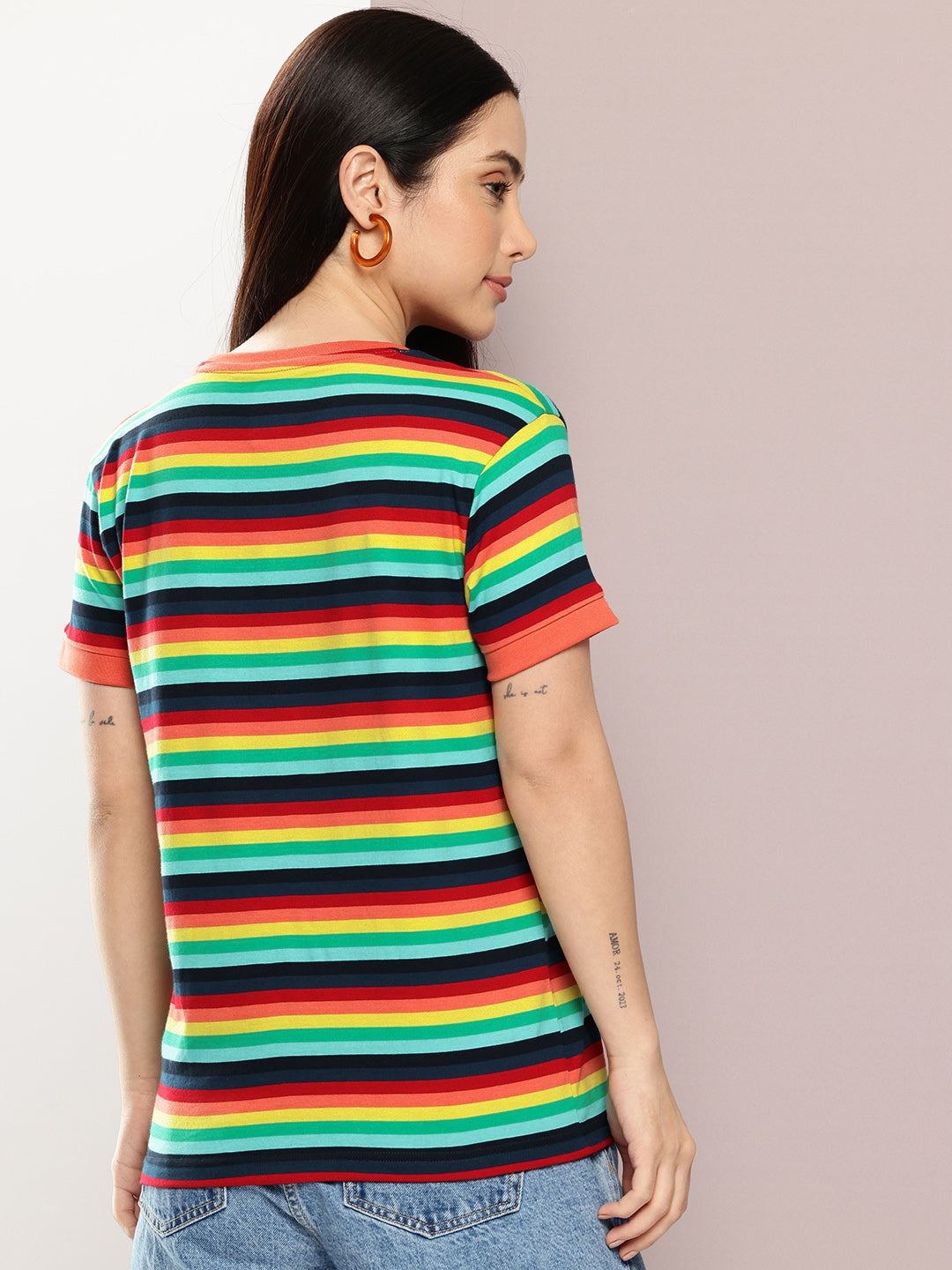 Womens Half Sleeve Round Neck All-Over Striped Regular Fit Tshirts