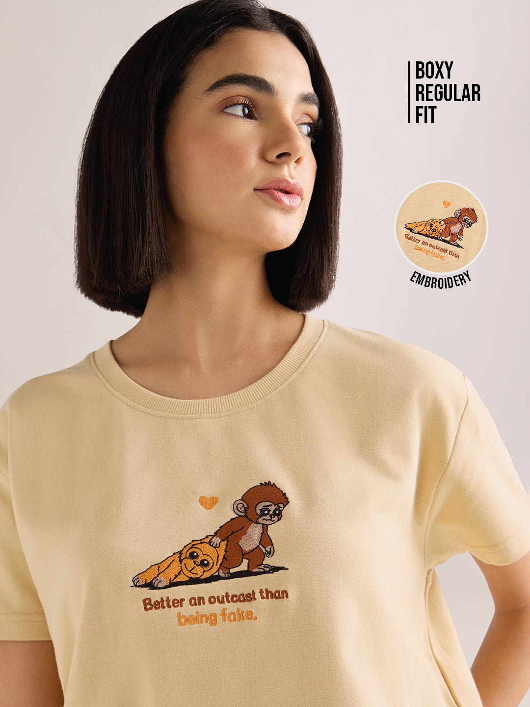 Womens Embroidery Boxy Regular Fit French Terry Cotton Tshirt