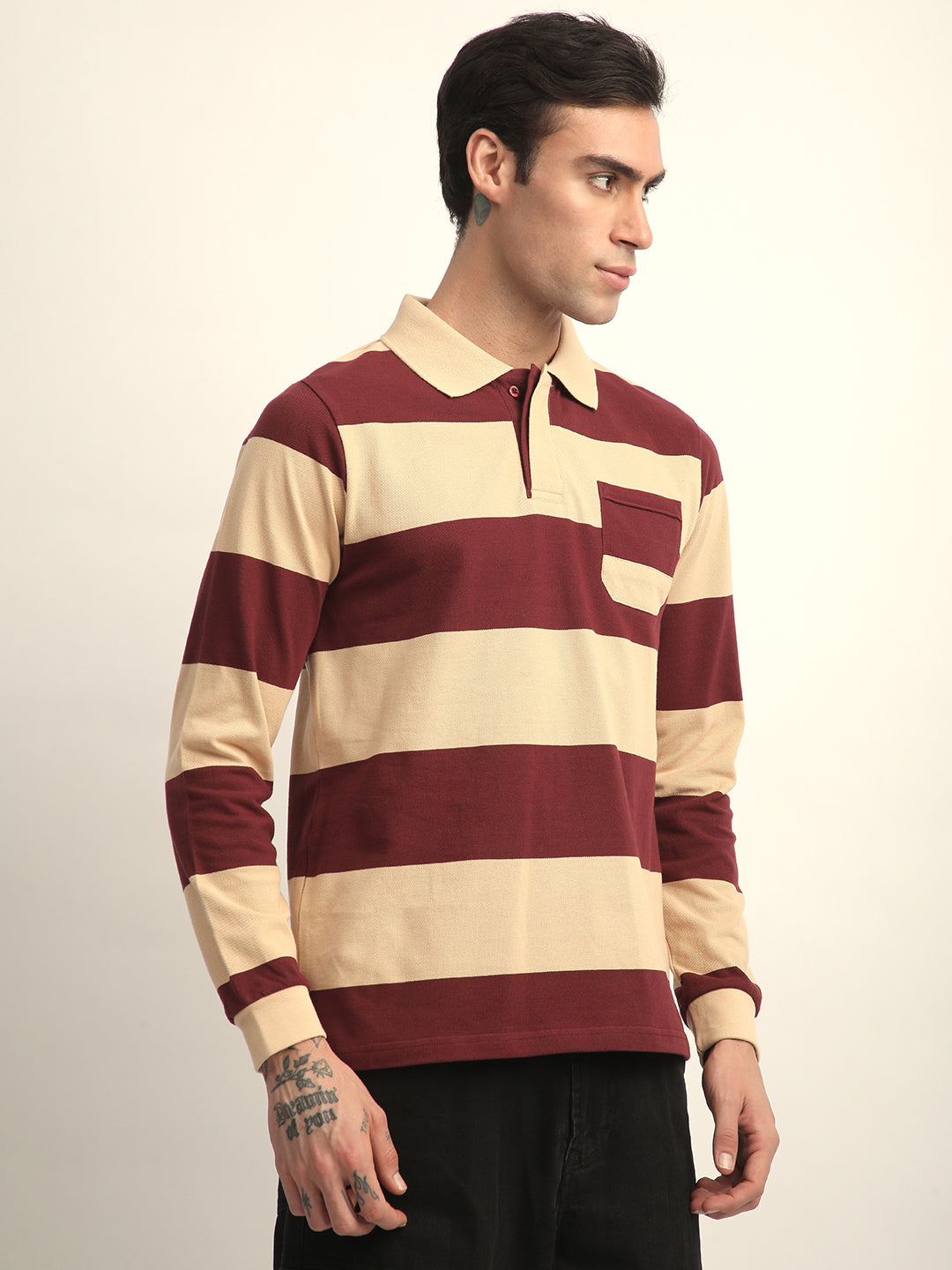Mens Full Sleeve Polo Neck All-Over Striped Regular Fit Tshirts