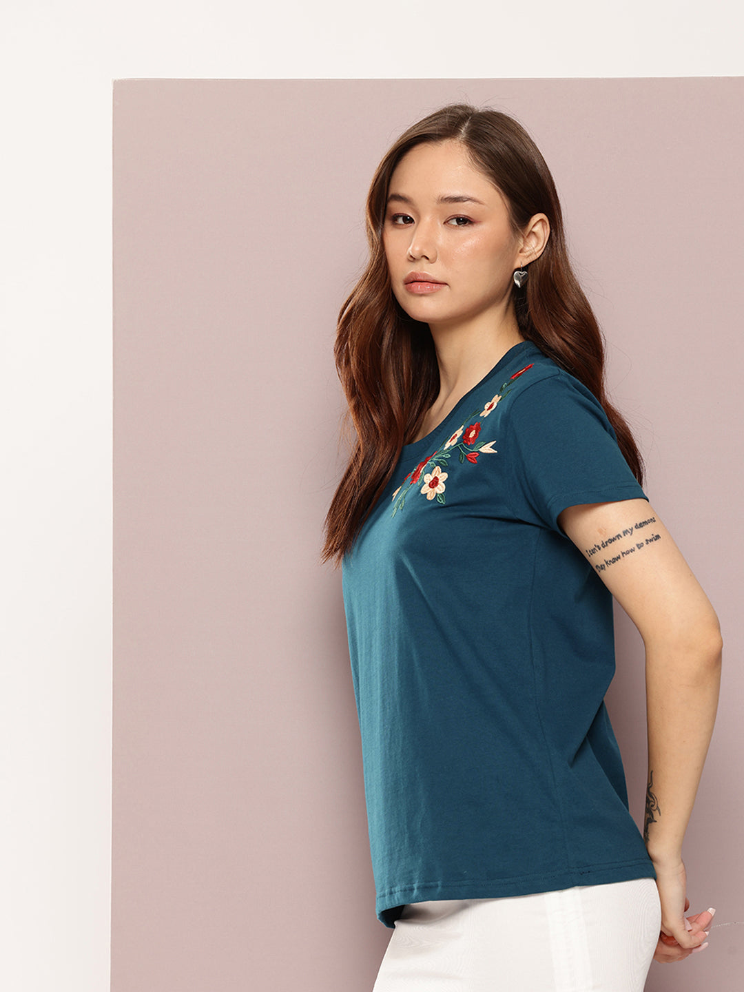 Womens Half Sleeve Round Neck Embroidered Boxy Fit Tshirts