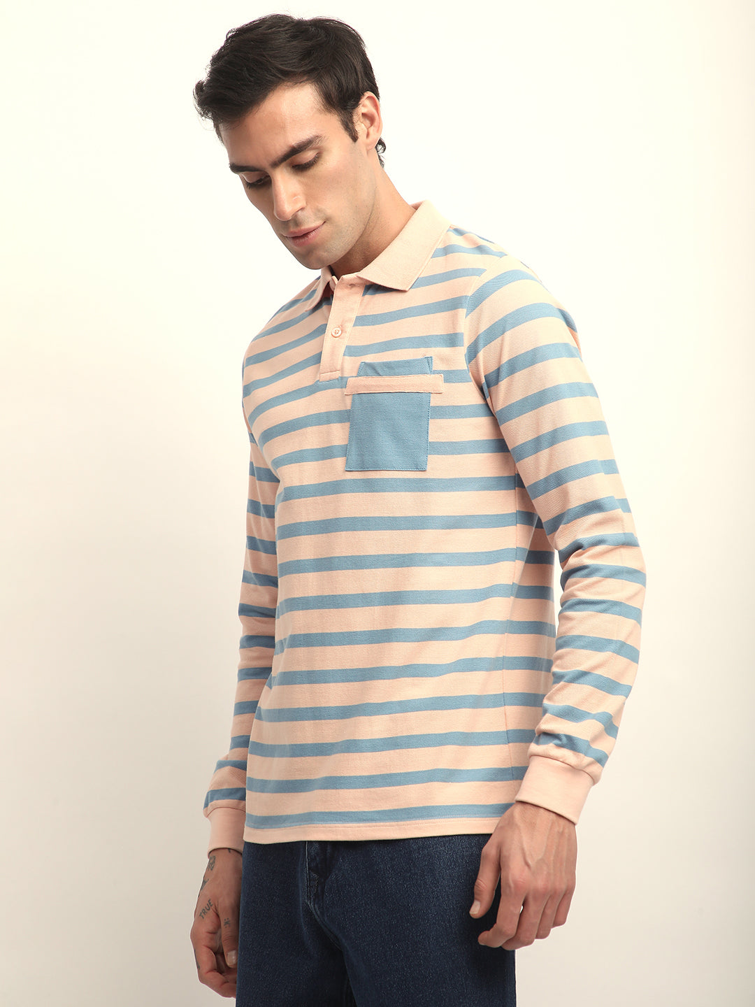 Mens Full Sleeve Polo Neck All-Over Striped Regular Fit Tshirts
