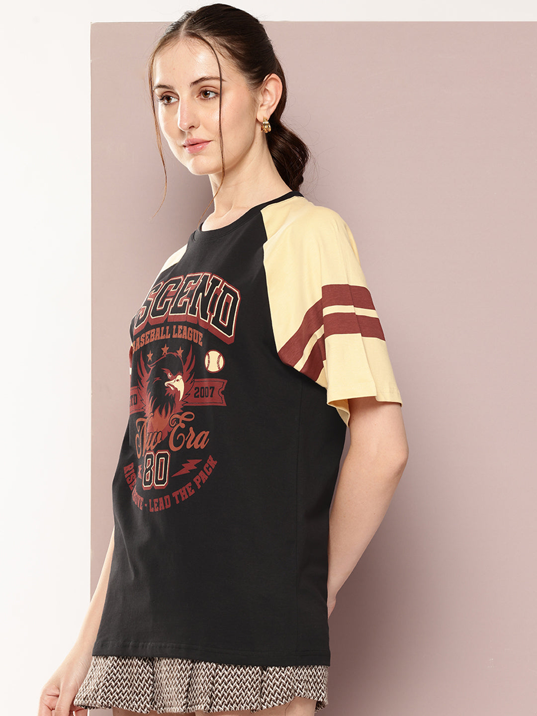 Womens Raglan Sleeve Printed Oversized Fit Tshirt