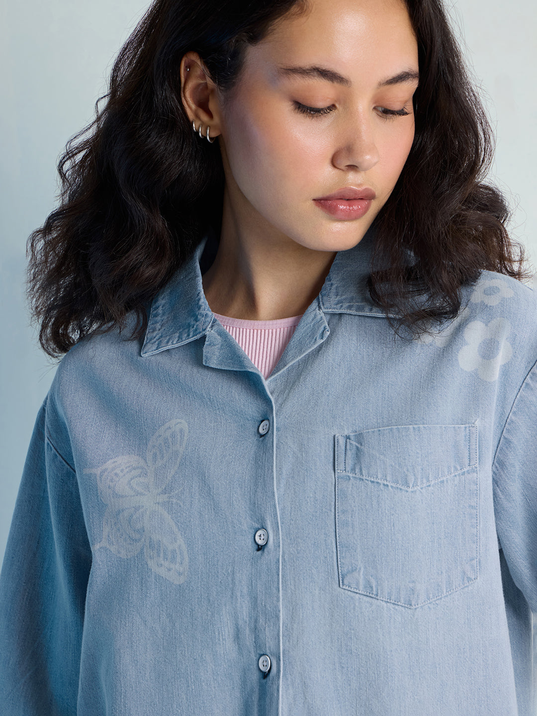 Womens Embroidery Boxy Regular Cuban Collar Neck Denim Shirt