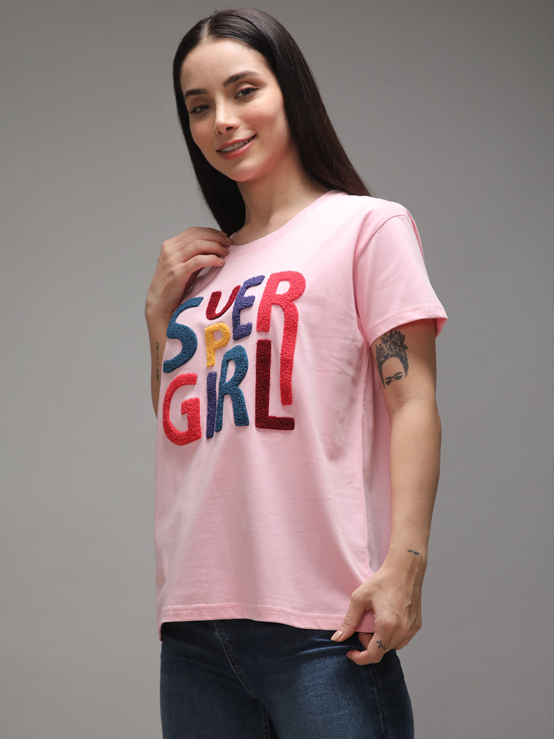 Womens Half Sleeve Round Neck Embroidery Boxy Fit Tshirts