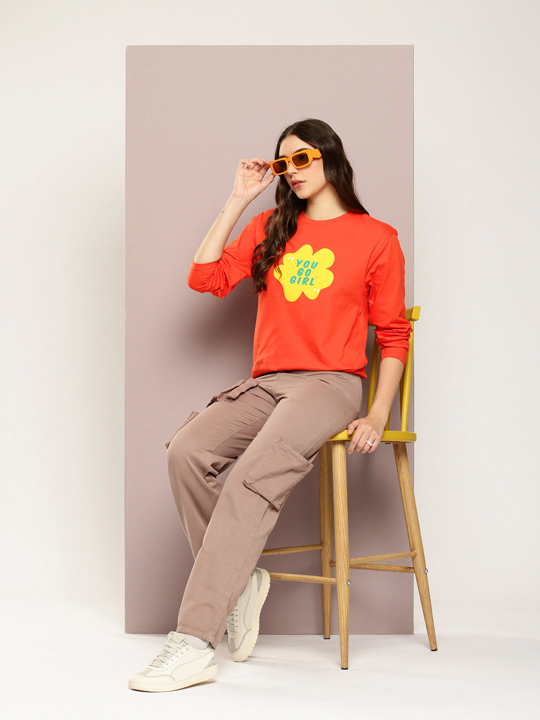 Womens Full Sleeve Round Neck Printed Oversized Fit Tshirts