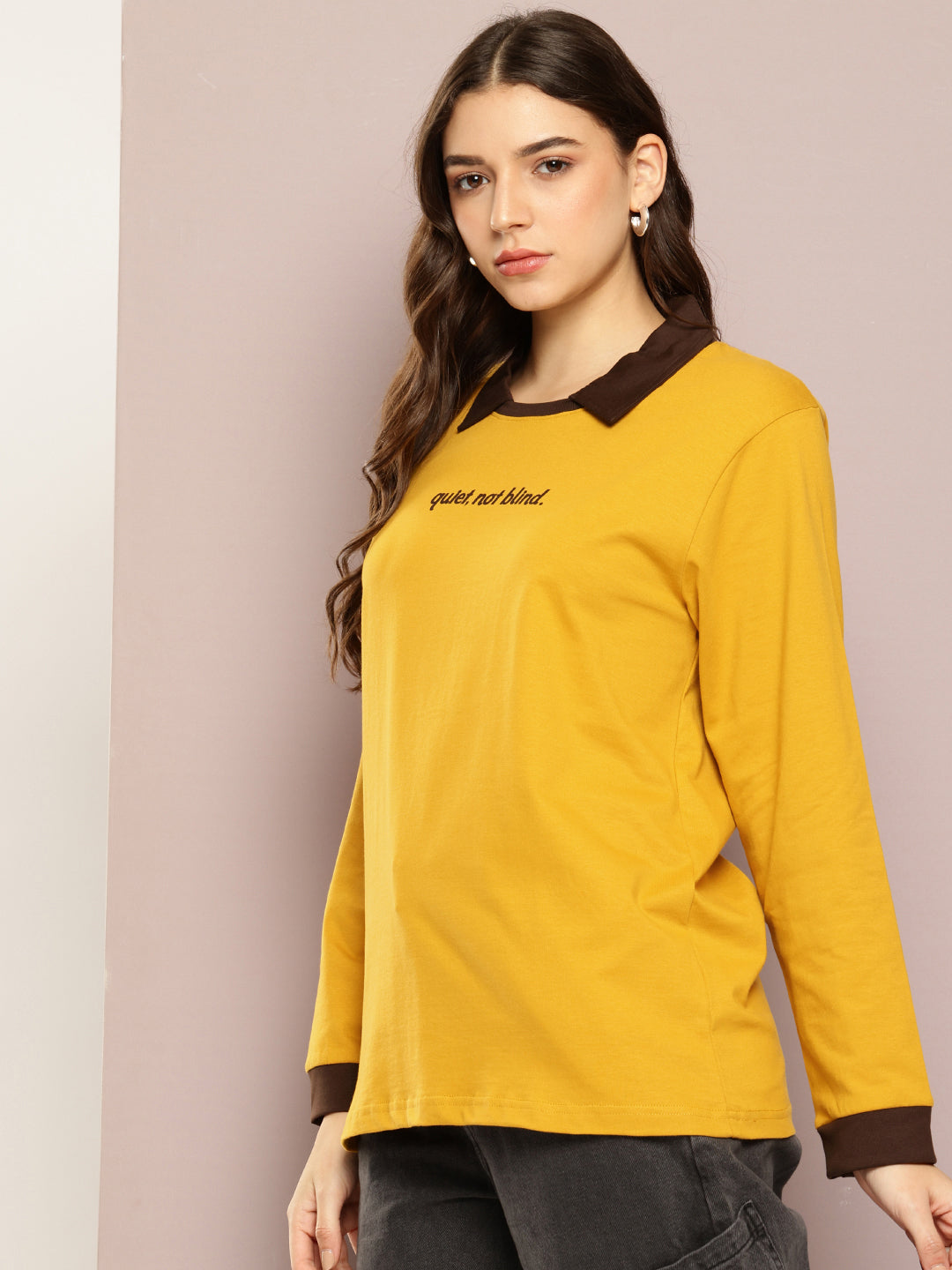 Womens Full Sleeve Polo Neck Printed Oversized Fit Tshirts