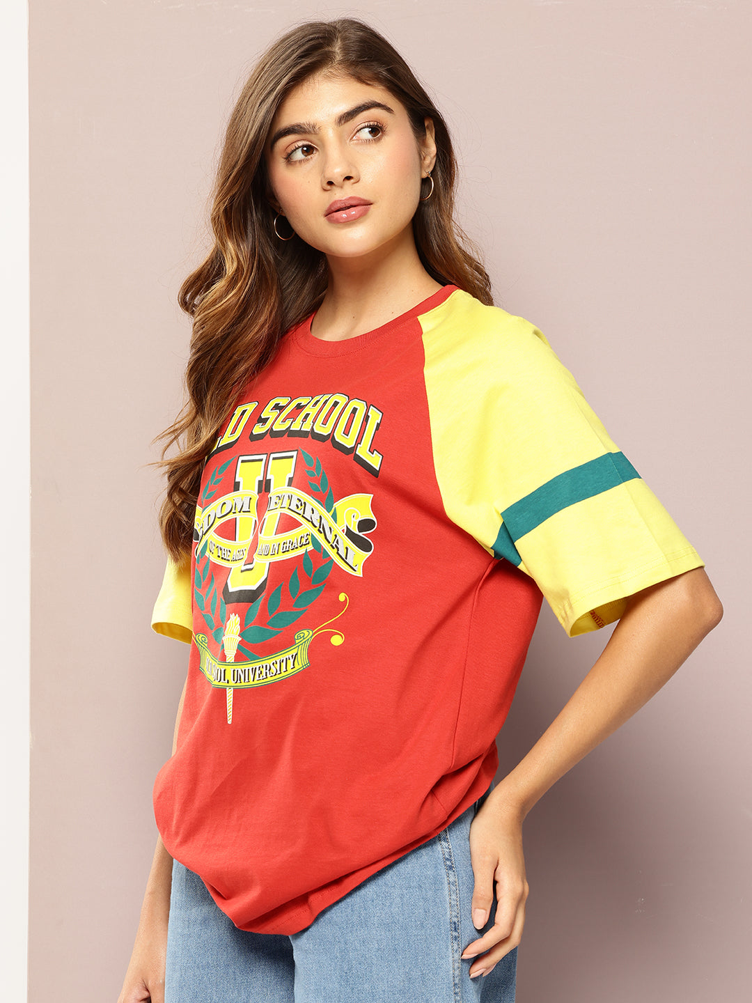 Womens Raglan Sleeve Printed Oversized Fit Tshirt