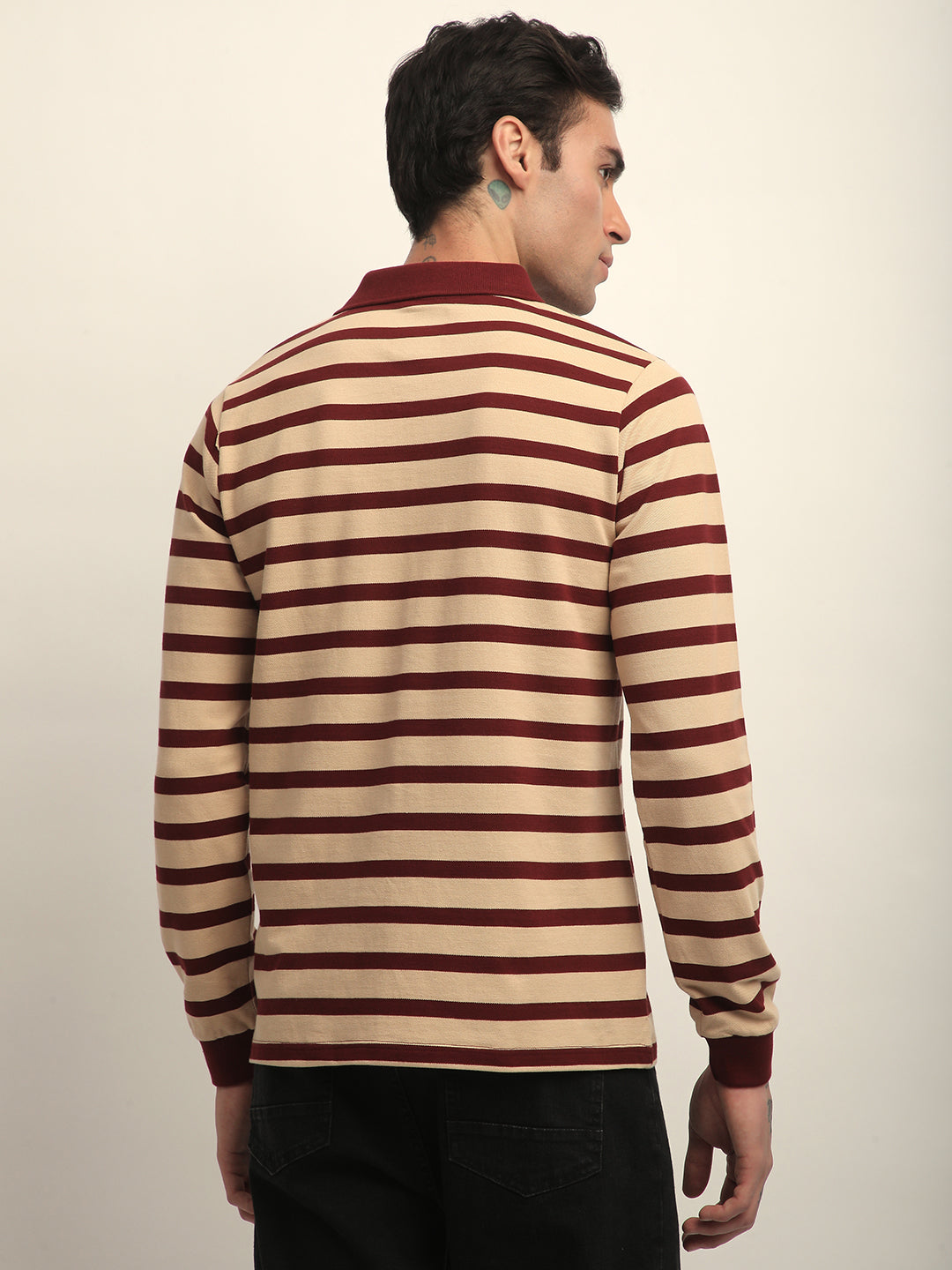 Mens Full Sleeve Polo Neck All-Over Striped Regular Fit Tshirts