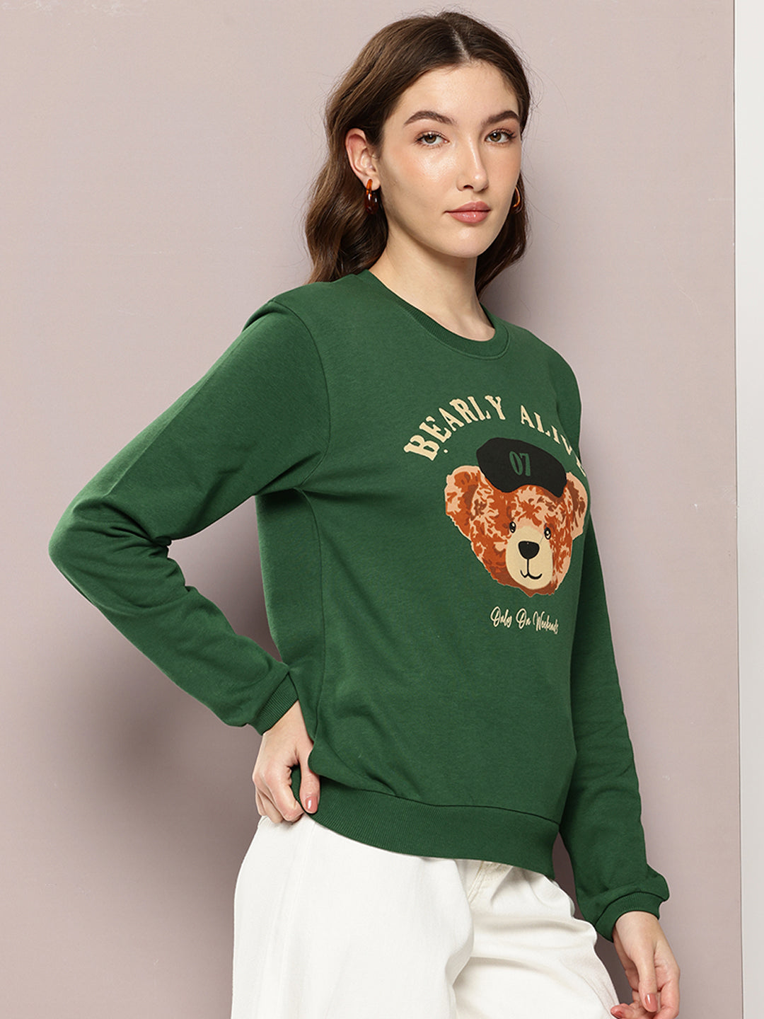 Womens Full Sleeve Round Neck Printed Relaxed Fit Tshirts
