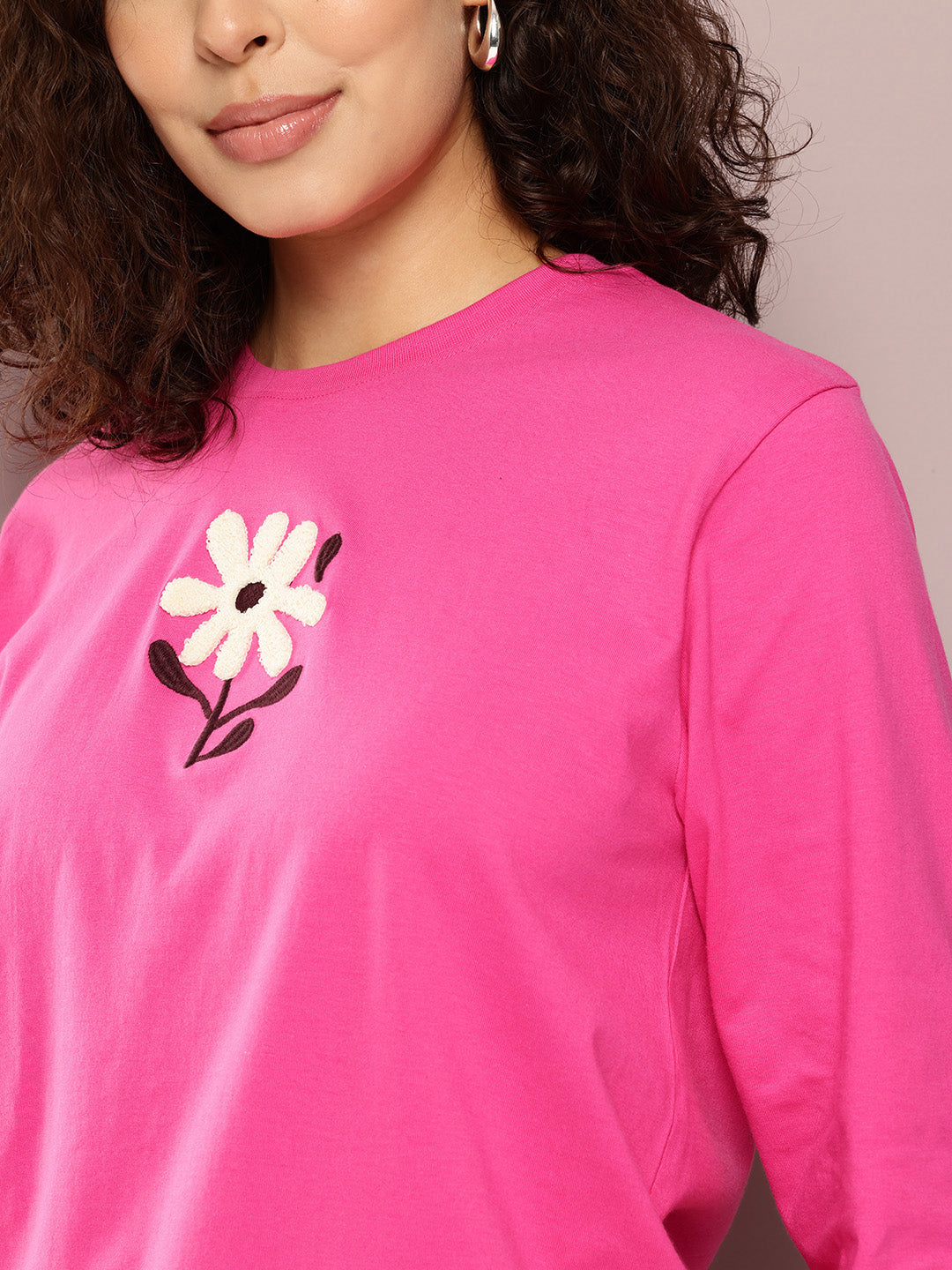 Womens Full Sleeve Round Neck Embroidered Oversized Fit Tshirts