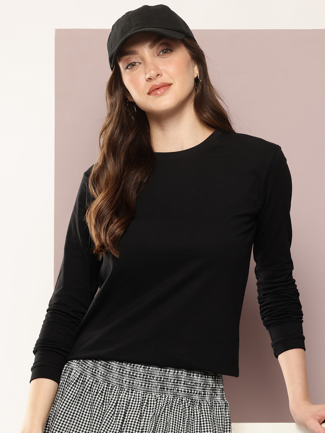 Womens Full Sleeve Round Neck Solid Regular Fit Tshirts